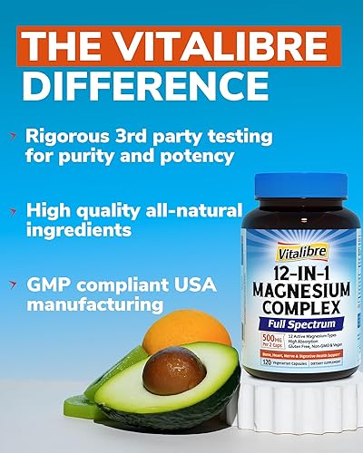 Miniatura 6 de Suplemento complejo de magnesio 12 en 1 de 500 mg  Citrato de glicinato de magnesio quelado de máxima absorción malato y más para dormir, corazón y