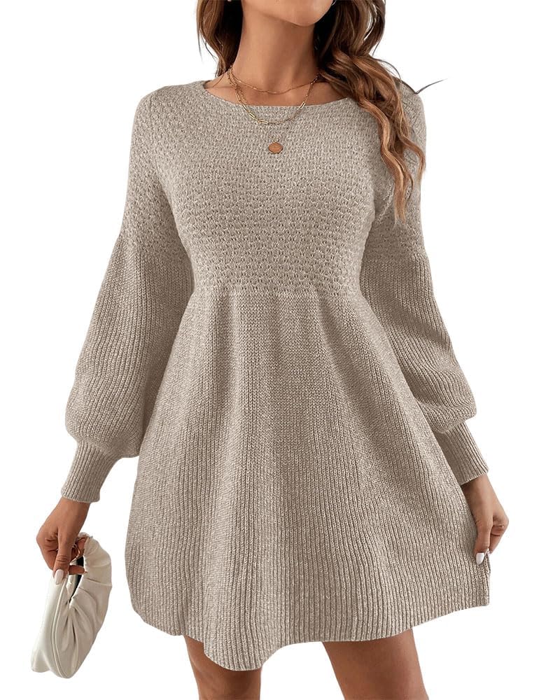 Saodimallsu Vestido de punto para mujer, cuello redondo, mangas abullonadas, cintura alta, elegante, vestido de punto, vestido de línea A, mini vestido