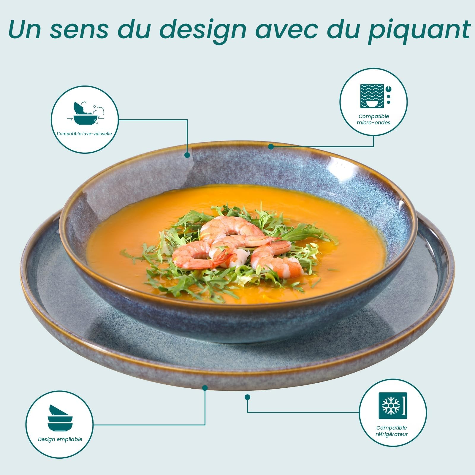 vancasso PLAYA Assiettes Service de Table 6 Personnes, Service vaisselle Complet 24 Pièces en Grès - 6 Assiette Plate, à Dessert, Creuses et Bols - Adapté au Micro-Ondes et Lave-Vaisselle - Gris Bleu