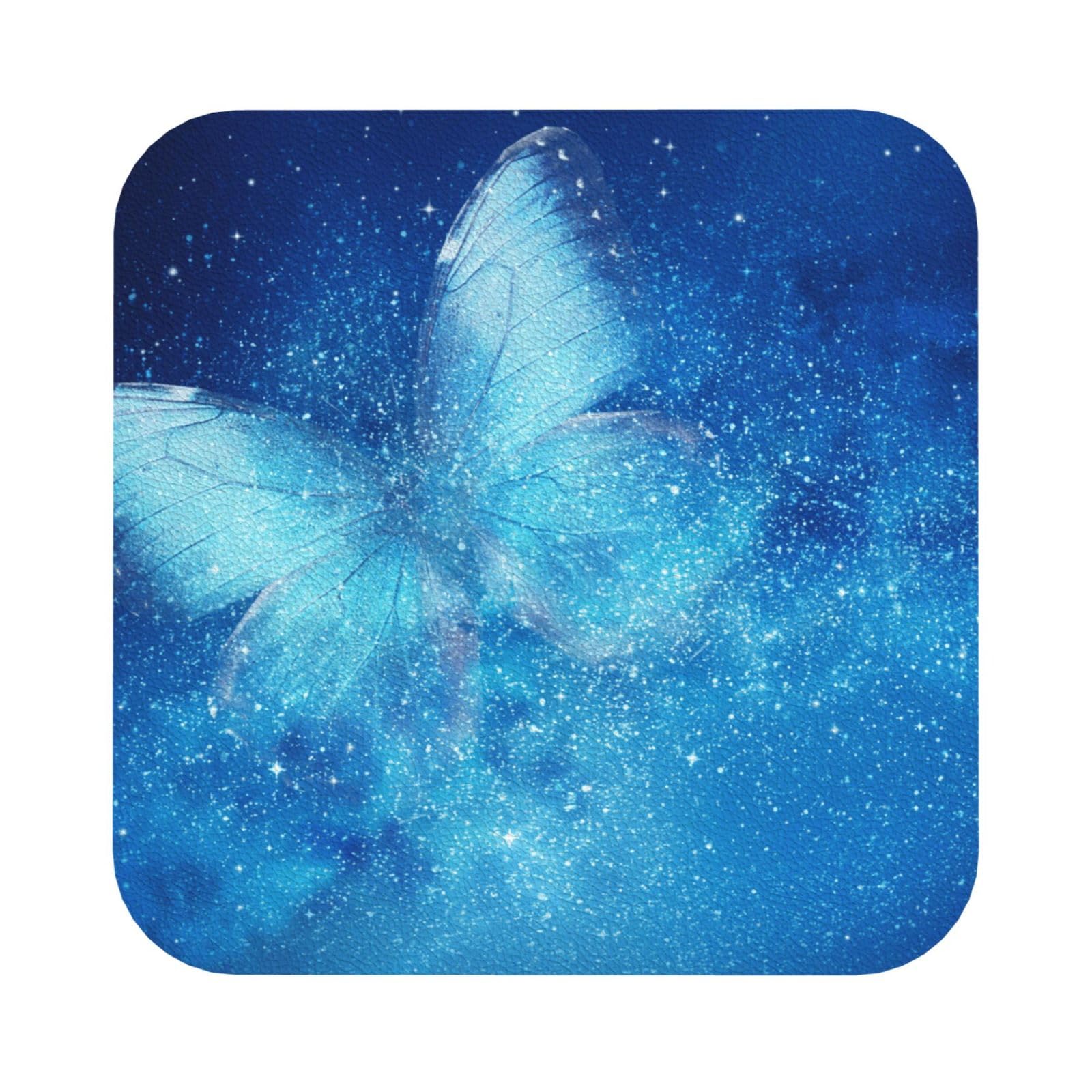 Blue Starry Butterfly PU Leather Coasters Set of 6 Square Drink Coasters