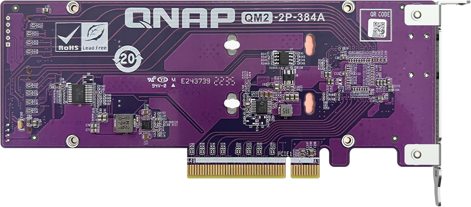 QNAP QM2-2P-384A Dual M.2 PCIe SSD Expansion Card, Supports up to Two M.2 2280/22110 Form Factor M.2 PCIe (Gen3 x4) SSDs, PCIe Gen3 x8 Host Interface, Low-Profile Bracket pre-Loaded, 2 x SSD