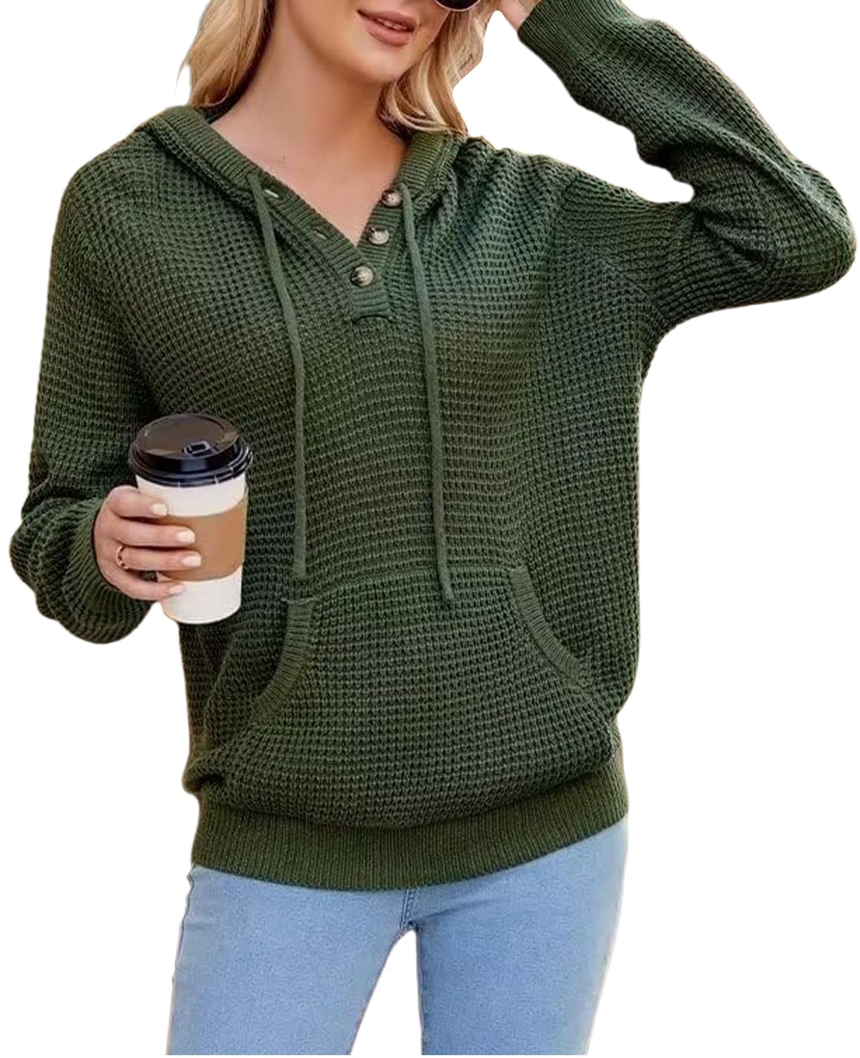 TrendiMax Sweat à Capuche en Tricot pour Femme - Boutonnière - Col en V - Pull à Manches Longues - Automne et Hiver - Haut avec Capuche