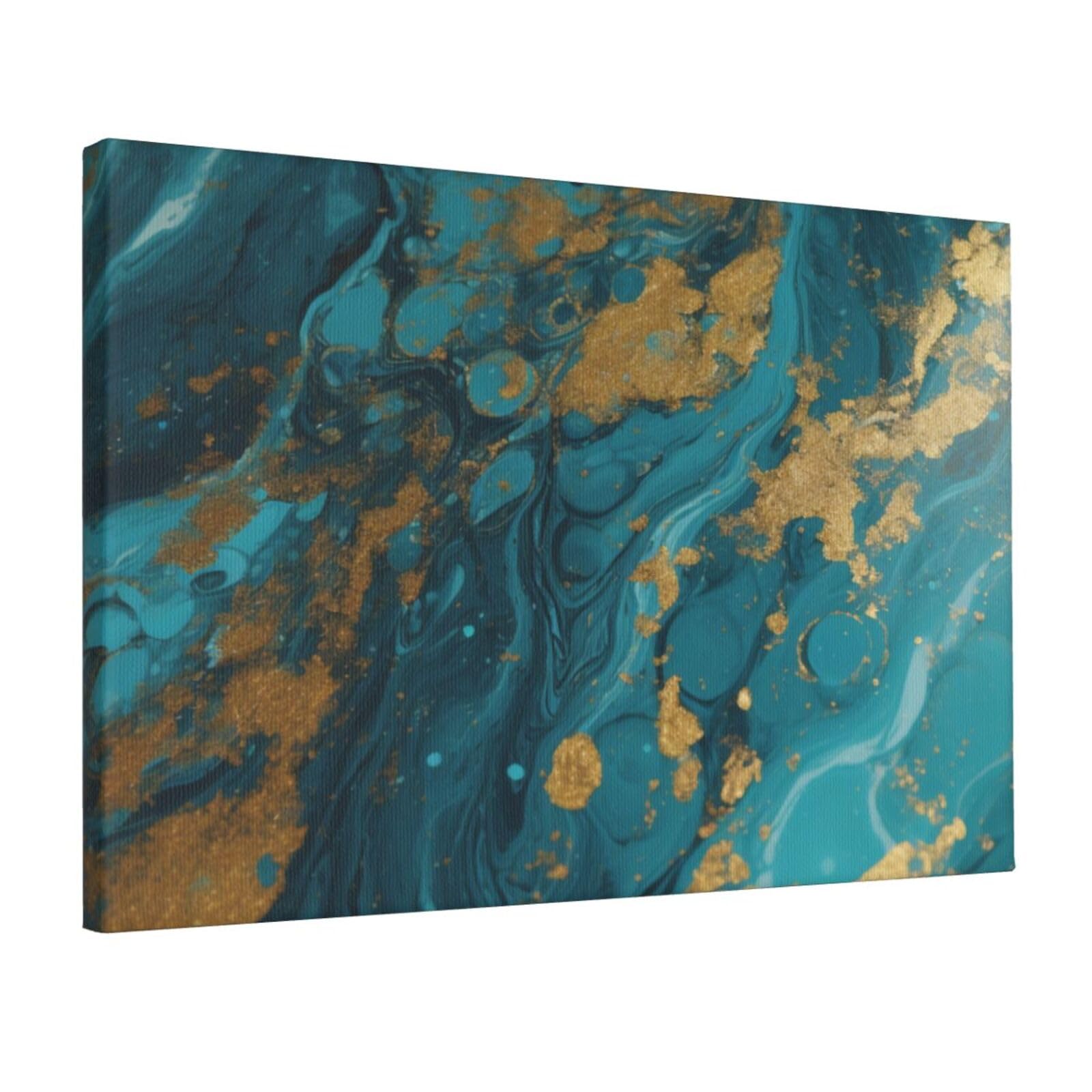YKLJG Turquoise Blue Gold Marble Printed Wall Art Canvas Prints 45x30 CM Wooden Framed Picture Painting Artwork for Bedroom Kitchen Home Office Decor