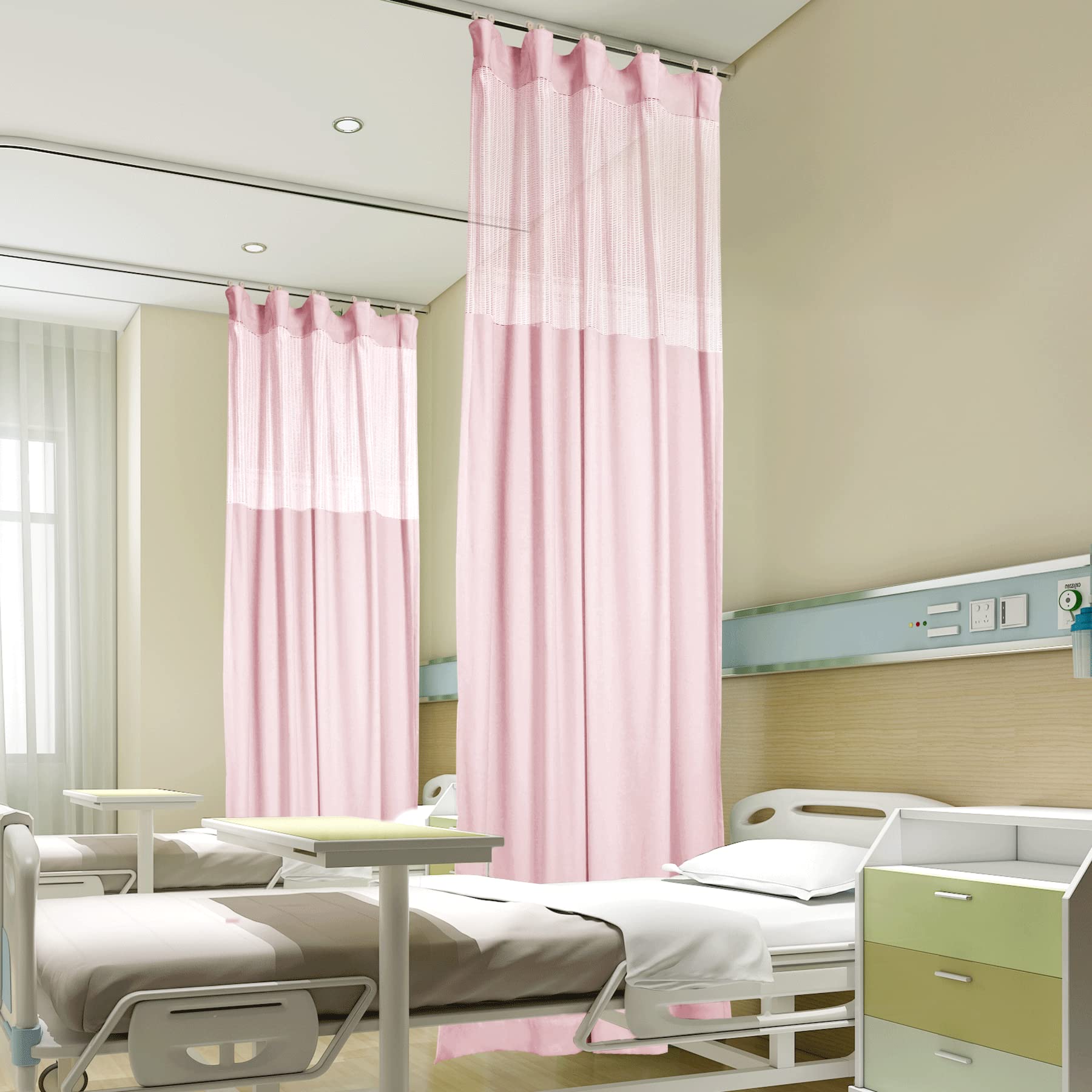 Fcosie 8ft Wide x 7ft Tall Hospital Curtain Divider for Room Separation Mesh Top Medical Exam Room Privacy Curtains with Flat Hooks Header Office Hospital Bed Cubicle Curtain, Pink, 1 Panel