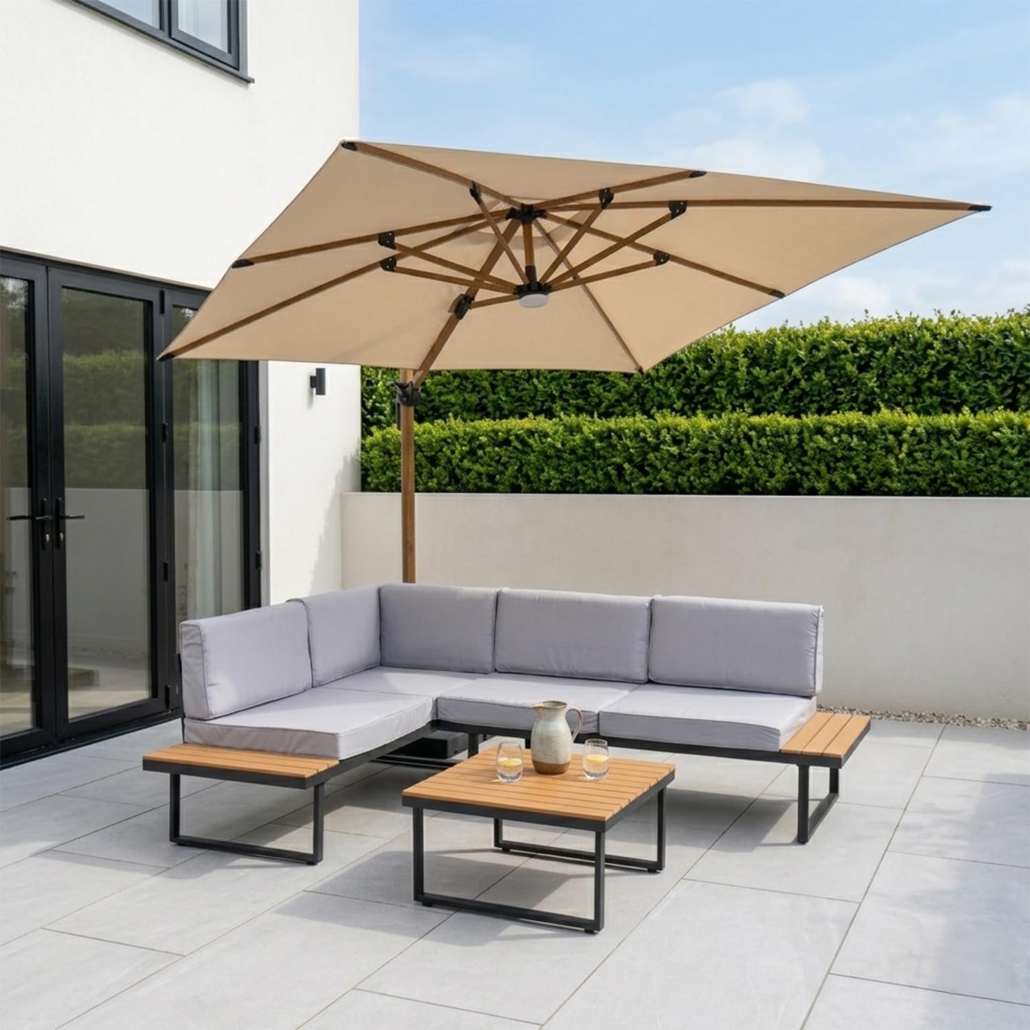 JSH Sicily 4 Seater Corner Patio Sofa Set with Polywood Coffee Table | Grey Outdoor Garden Furniture with 8cm Padded Cushions | Comfort Seating For Balcony Garden Conservatory Lawn Decking