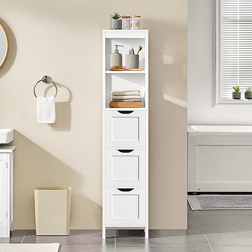 Miniatura 2 de Yaheetech Armario alto para baño, gabinete de almacenamiento delgado, gabinete de piso estrecho independiente con 3 cajones y 2 estantes, torre de