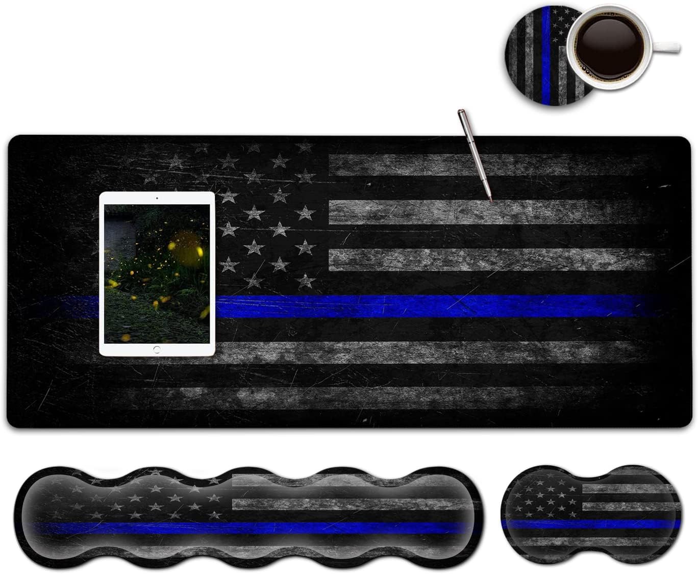 Large Gaming Mouse Pad with Stitched Edges,Extended XXL Mousepad,Office Desk Pad Writing Pad,31.5 x 11.8 in,Ergonomic Memory Foam Keyboard Wrist Rest Support,Vintage Blue Black American Flag Desk Mat