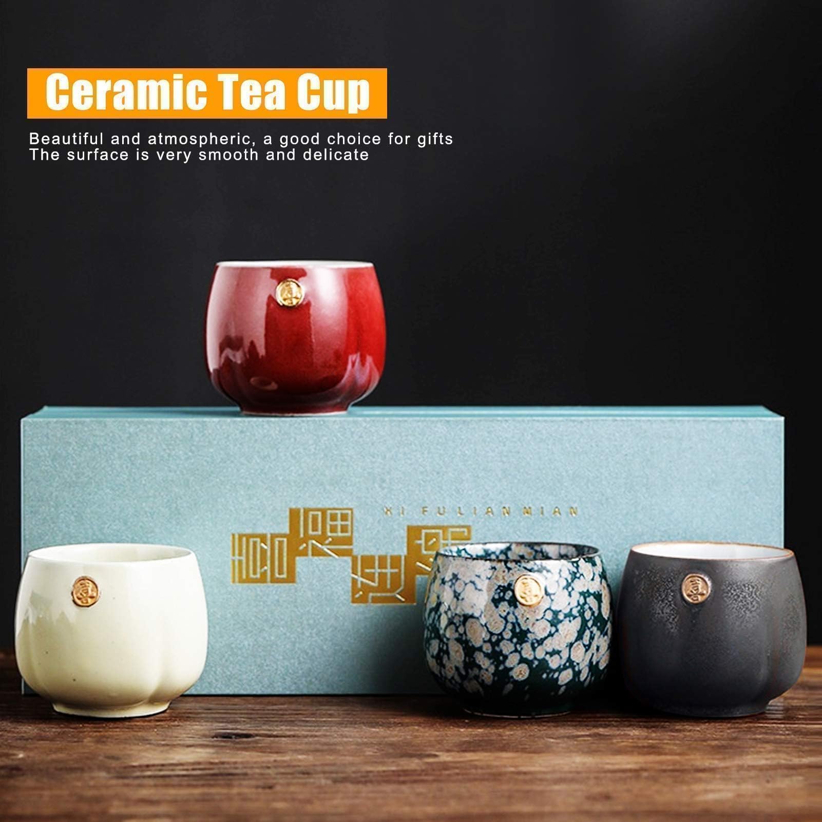 Lot de 4 tasses à thé en céramique avec boîte pour boire du kung fu, style rétro japonais (01)