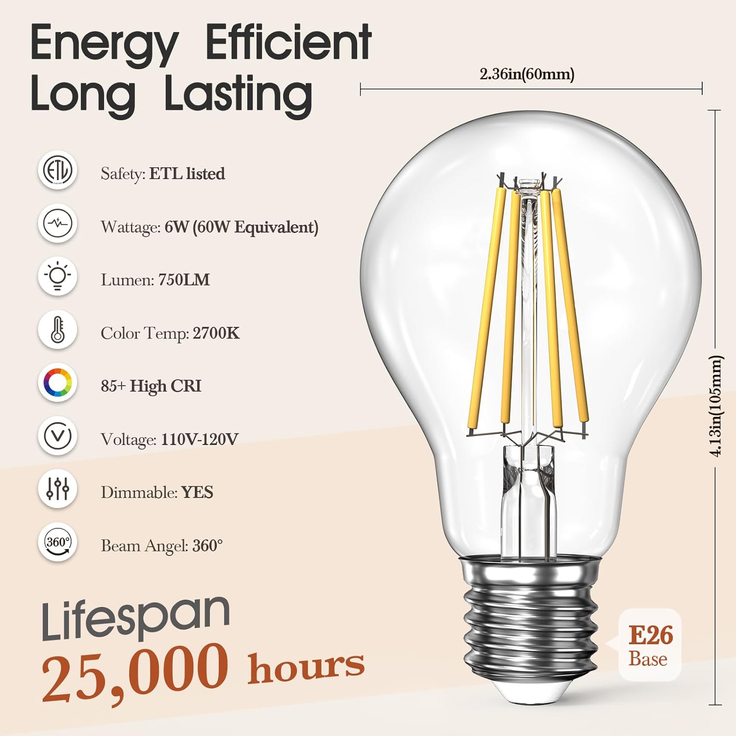 Dimmable A19 LED Clear Light Bulbs 12-Pack, 6W (60W Equivalent), 2700K Warm White, Antique E26 Base Edison LED Bulbs for Pendant, Sconce & Table Lamps,750LM, CRI 85+