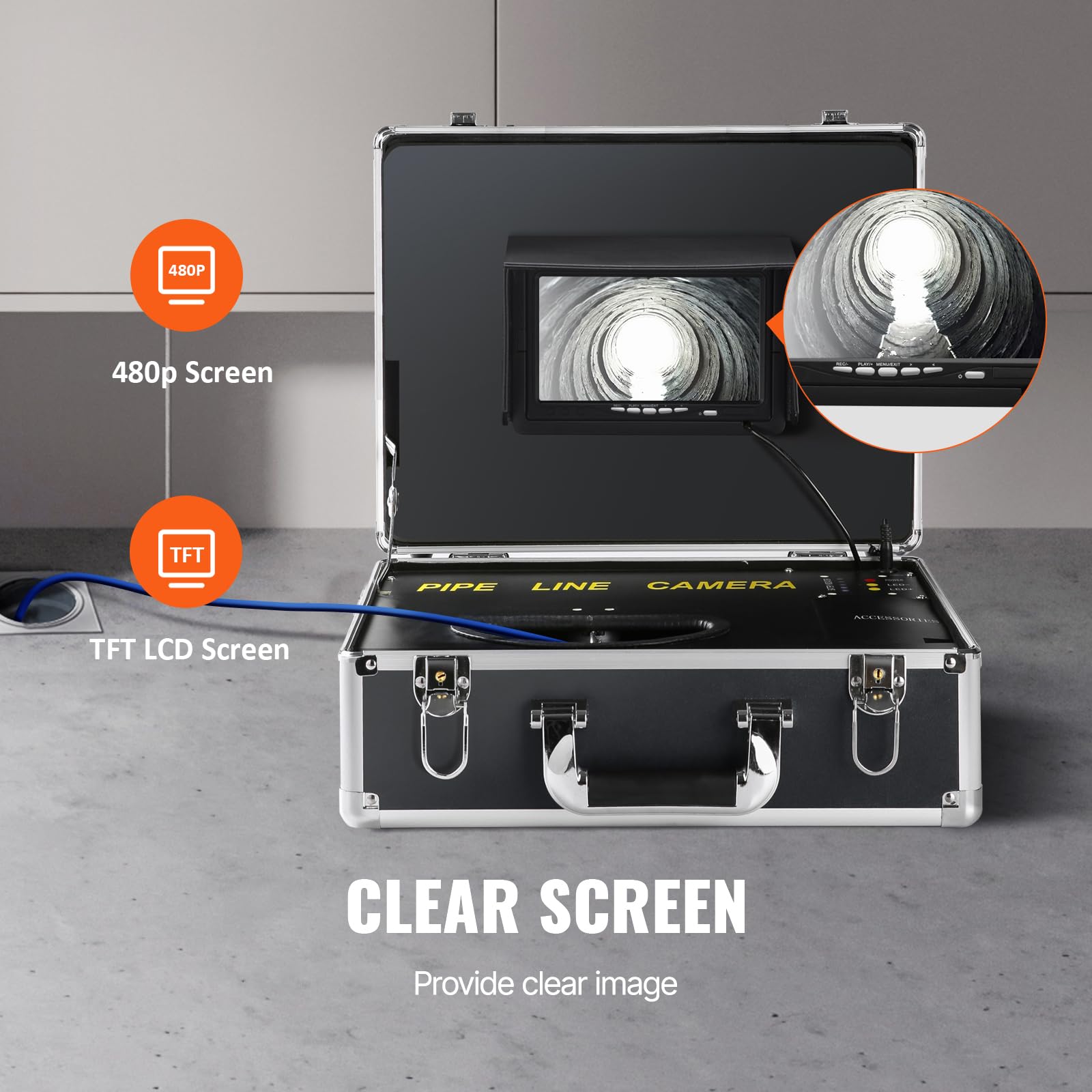 VEVOR Cámara de Inspección de Drenaje con 512 Hz Localizador Endoscopio Drenaje 30m Pantalla 7" IP68 Impermeable Grabadora DVR 12 LEDs Ajustables 16 GB Tarjeta SD para Tuberías de Alcantarillado Hogar