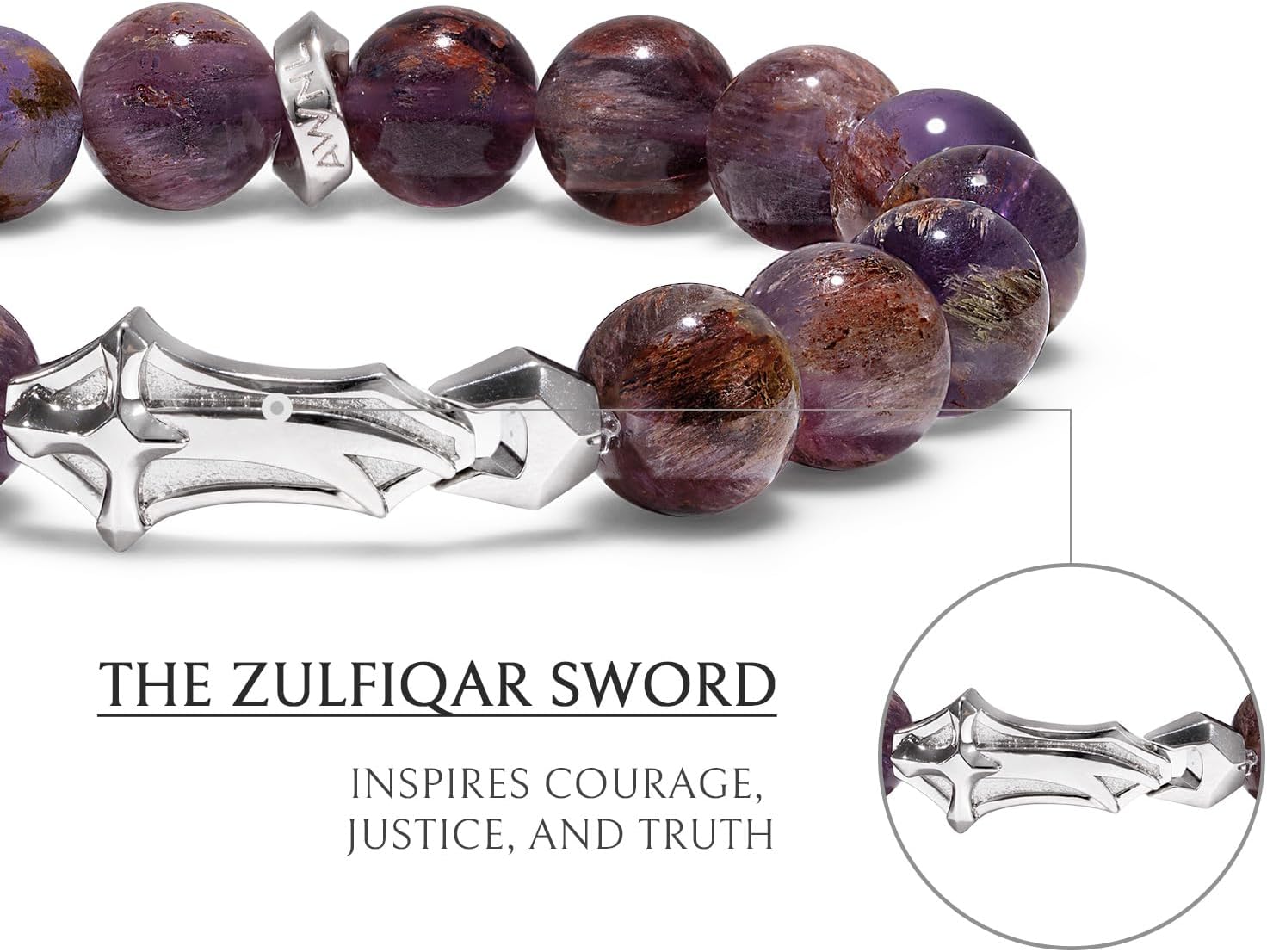 AWNL Men's Beaded Bracelet Premium Sterling Silver Central Charm with Natural Gemstones Hawk Eye Amethyst Phantom Quartz (10mm) Elastic Cord Bracelet for Men, 5.5"-7.5"