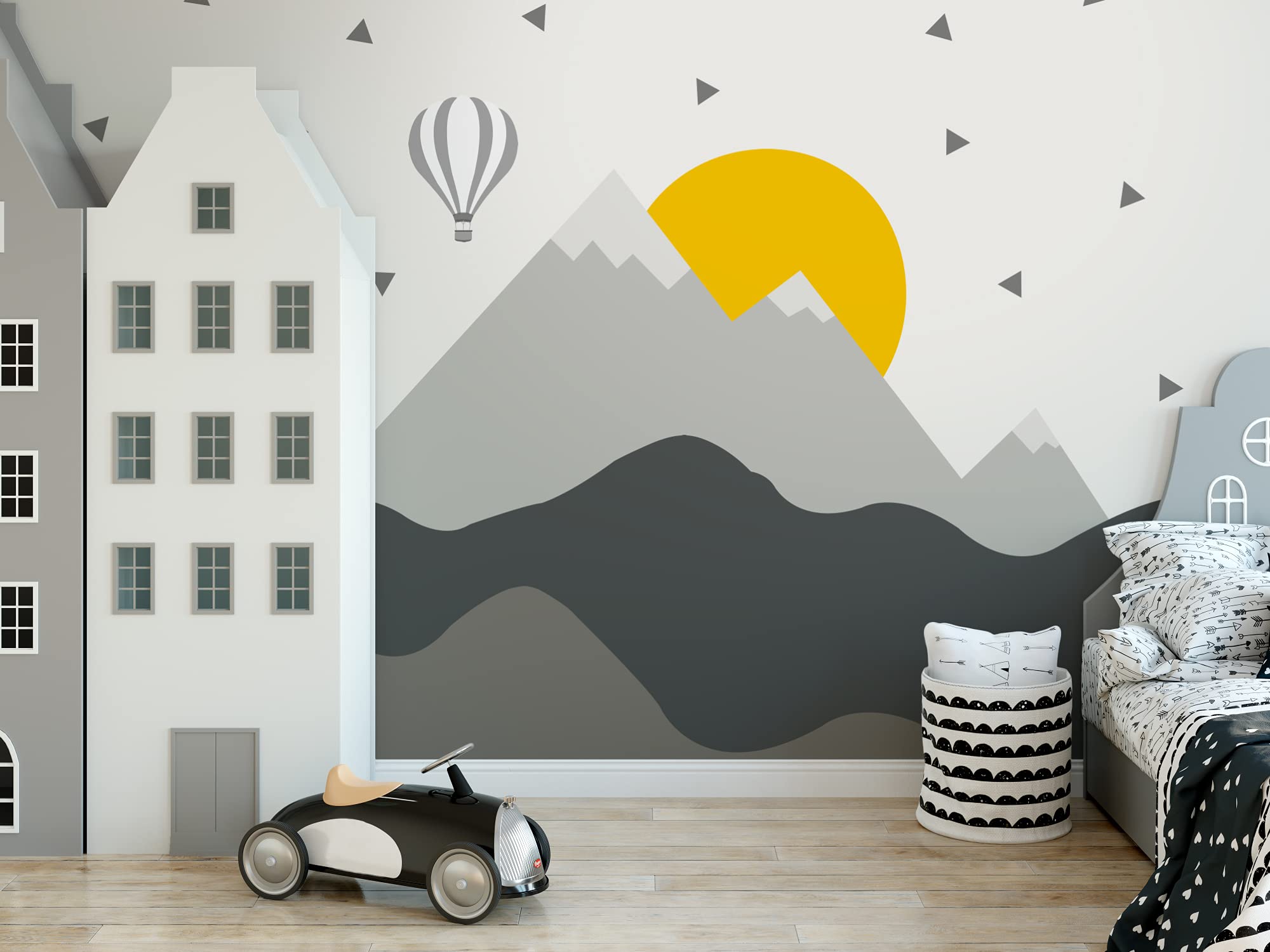 Boys Dinosaur Wall Decals - Removable Nursery Stickers With Snowy Mountains & Hot Air Balloons, Kids Room Decor