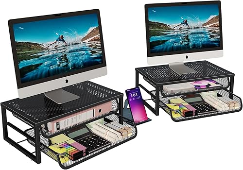 Soporte elevador de monitor doble, organizador de escritorio de oficina para computadora para 2 monitores, soporte de almacenamiento de escritorio