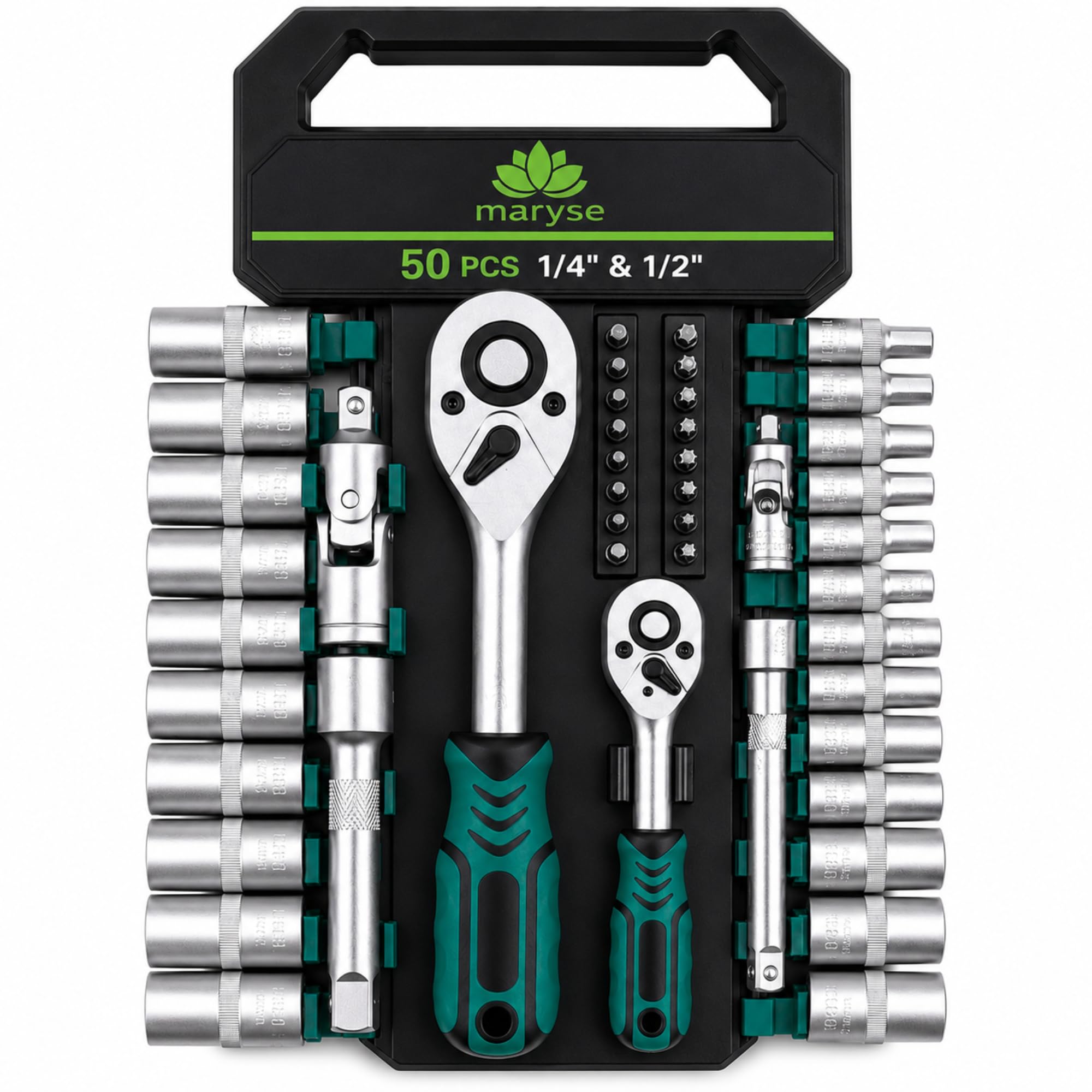 Set Chiavi a Cricchetto PROFESSIONALI 50 Pezzi 1/4" e 1/2" - Kit Cricchetto Reversibile con Chiavi a Bussola Metriche, Inserti, Prolunghe e Snodi Universali - Attrezzi per Auto, Moto, Casa e Officina
