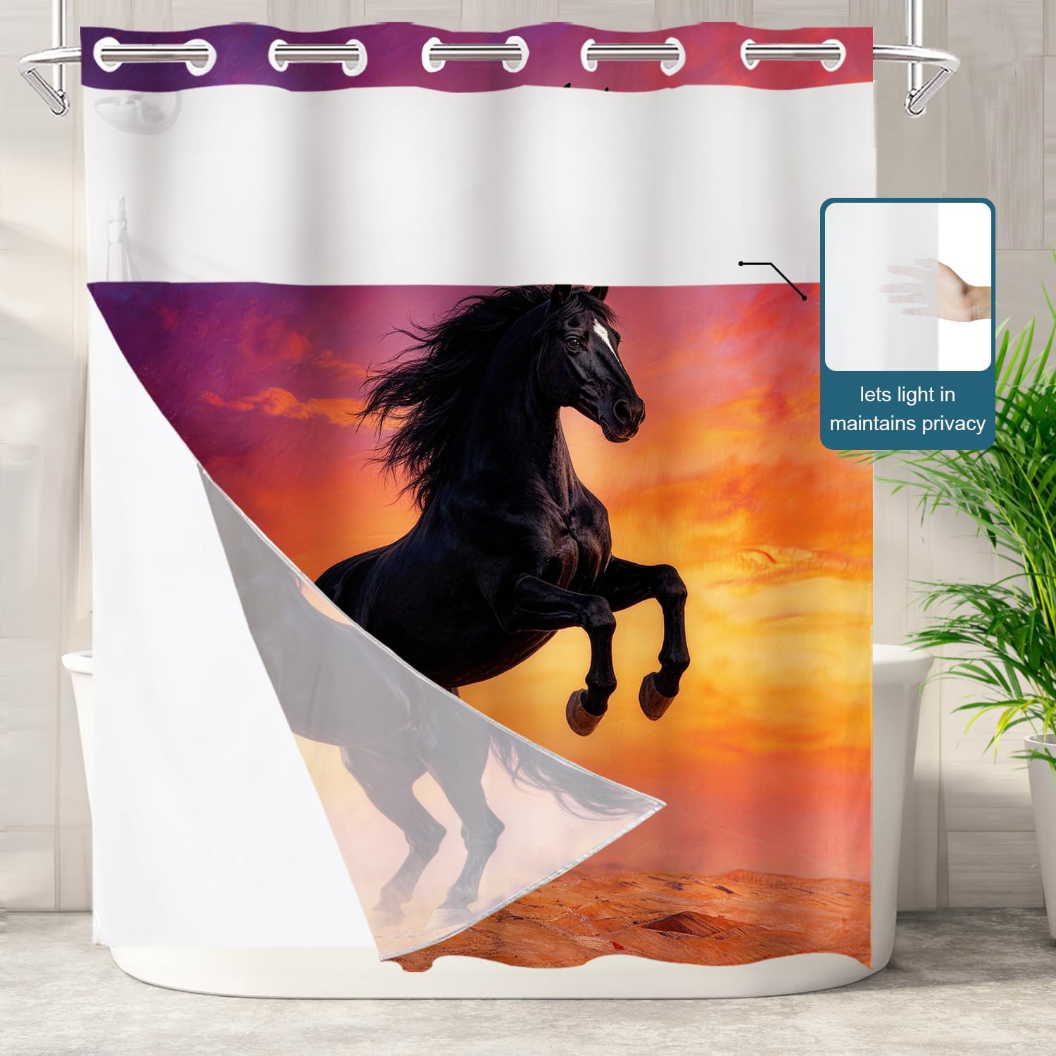 Batmerry Black Horse No Hooks Shower Curtain with Snap in Liner Set, Orange and Purple Sunset Bathroom Decor Polyester Quick-Drying Waterproof for Bathtubs, 71x86 in