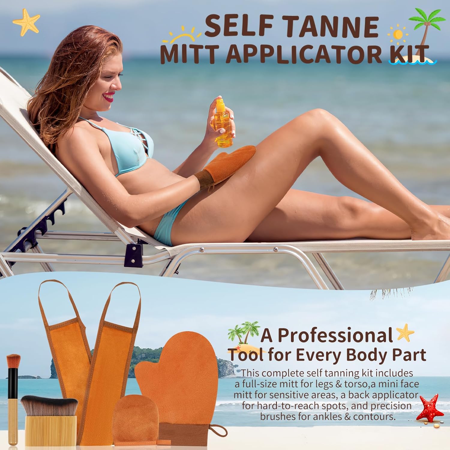5 in 1 Self Tanner Mitt Applicator Kit - Professional Self Tanning Mitt & Back Applicator, Includes Face Tanner Mitt & Body Brush for Streak-Free, Palm-Free Tan - Image 7