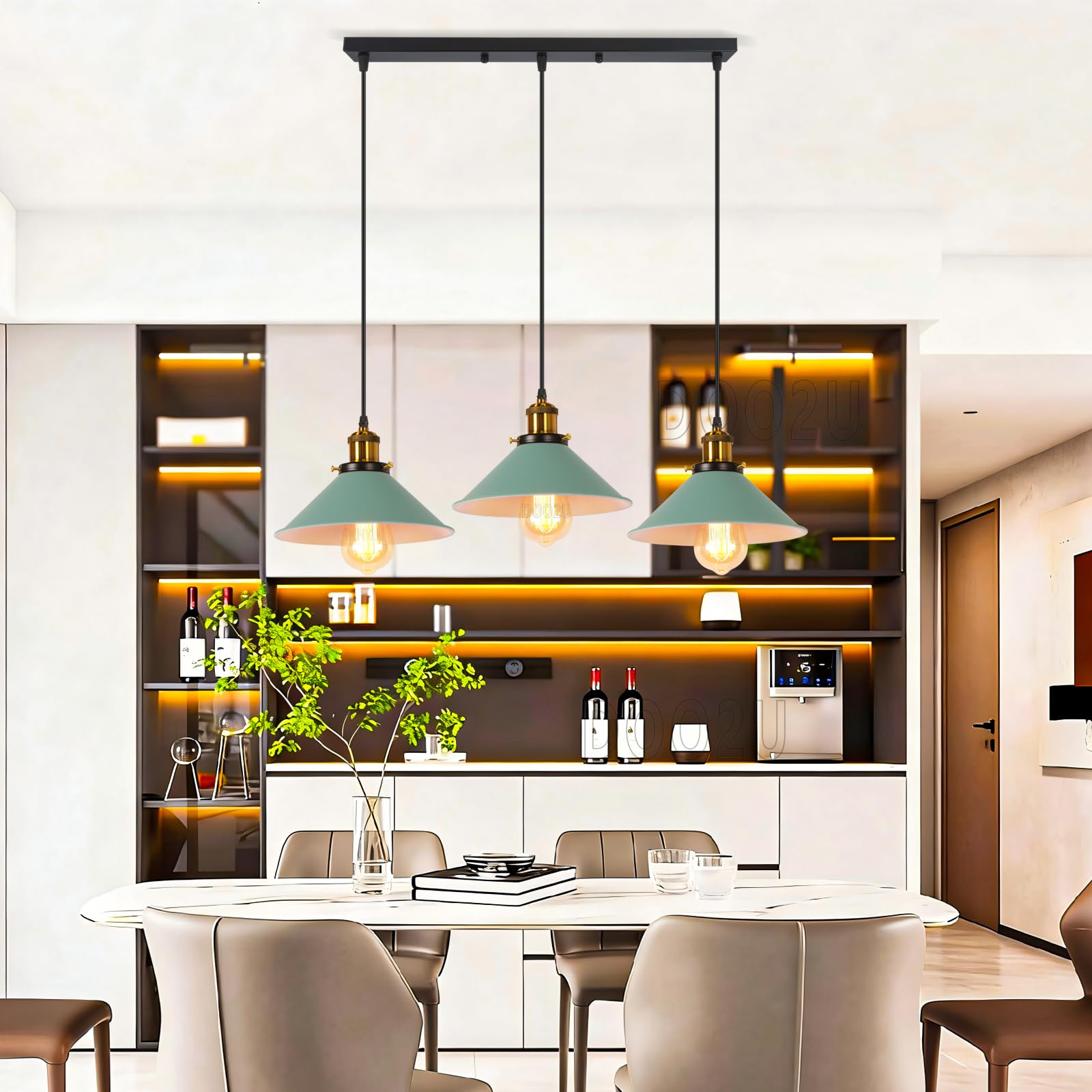 Lampadario a sospensione industriale 3 Luci Plafoniera Vintage Metallo Lampada da soffitto in Stile Edison Attacco E27 Paralume Ø22cm per Cucina Caffè Bar (Verde)