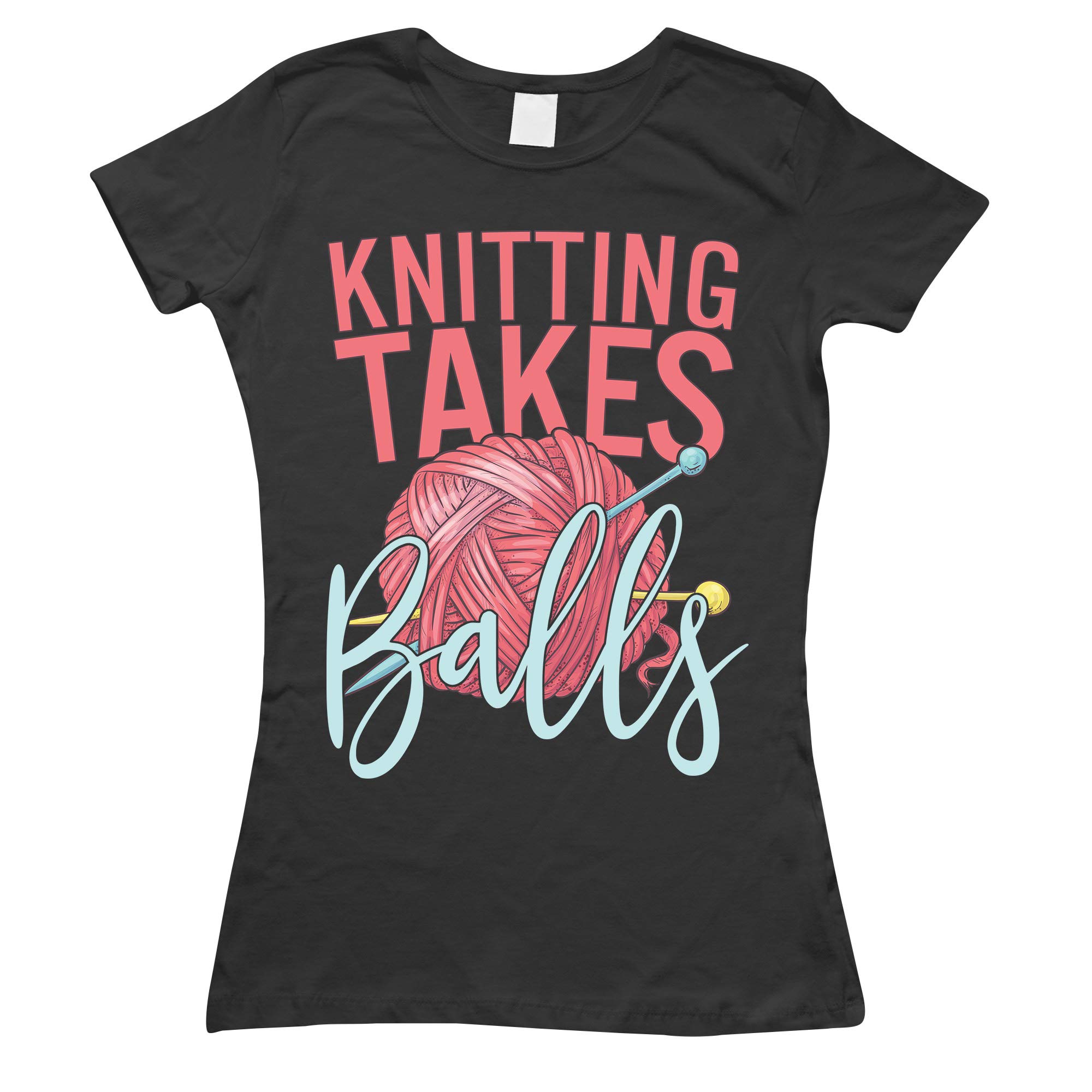 Purple Print House Womens Knitting Takes Balls Funny T Shirt - Knitting Birthday Gift Idea for Knitter - Joke Birthday Present, S, Black