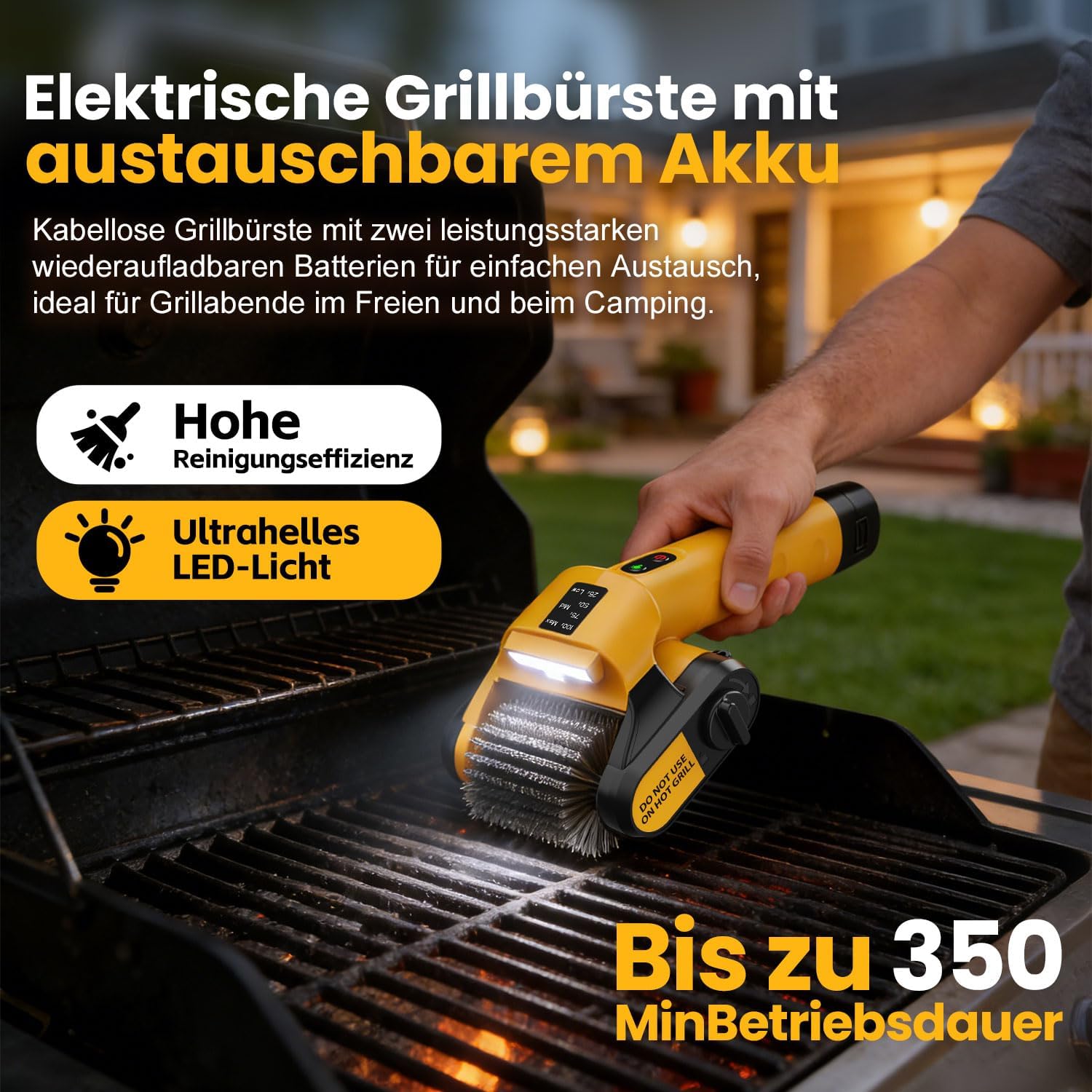 qimedo Elektrische Grillbürste BBQ Reiniger mit LED-Licht, 350 Min Laufzeit, Kabellos Grillreiniger Grill Reinigungsbürste mit 3 Stufen, für BBQ, Gussrost, Gasgrill, Elektrogrill