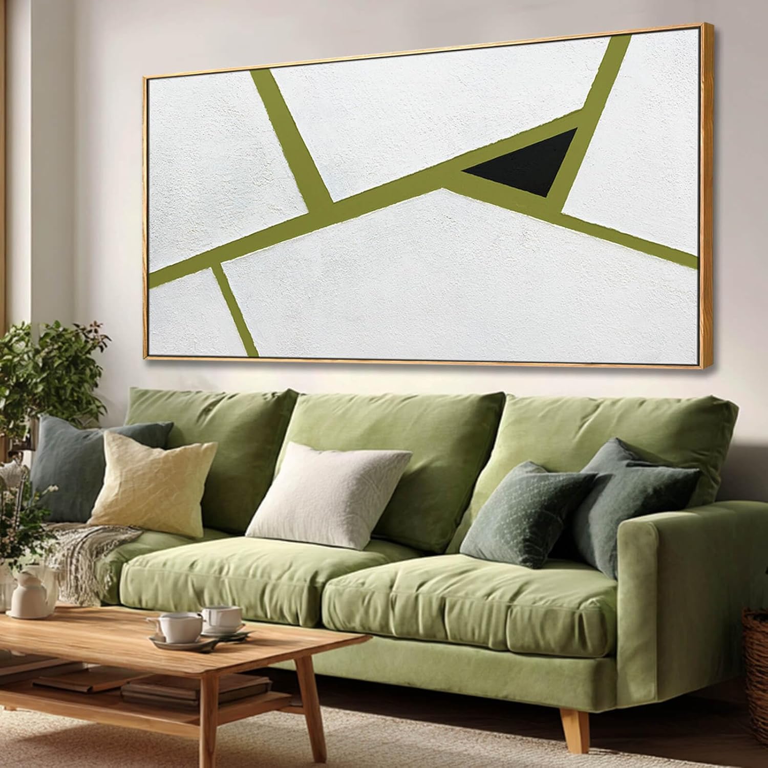 Wall Art Canvas Color Line Art Prints Green And White Geometric Painting Framed Modern Artwork Decor Pictures for Living Room Bedroom Kitchen 29x58 Inch