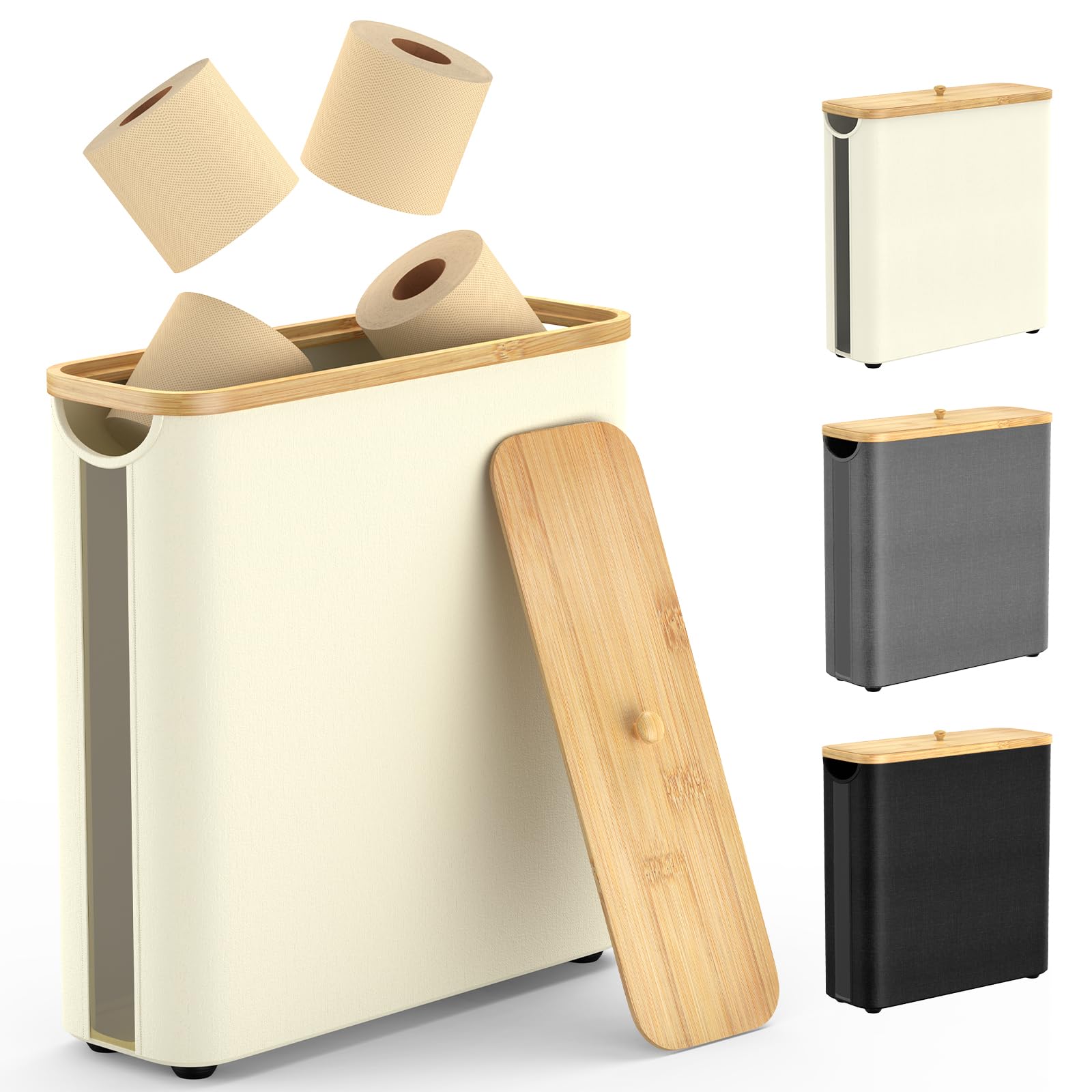 30L Toilet Paper Storage Basket with Lid, Hold Up to 16 Rolls, Slim Bamboo Toilet Paper Basket Holder Bin Container, Bathroom Accessories Organizer, Beige