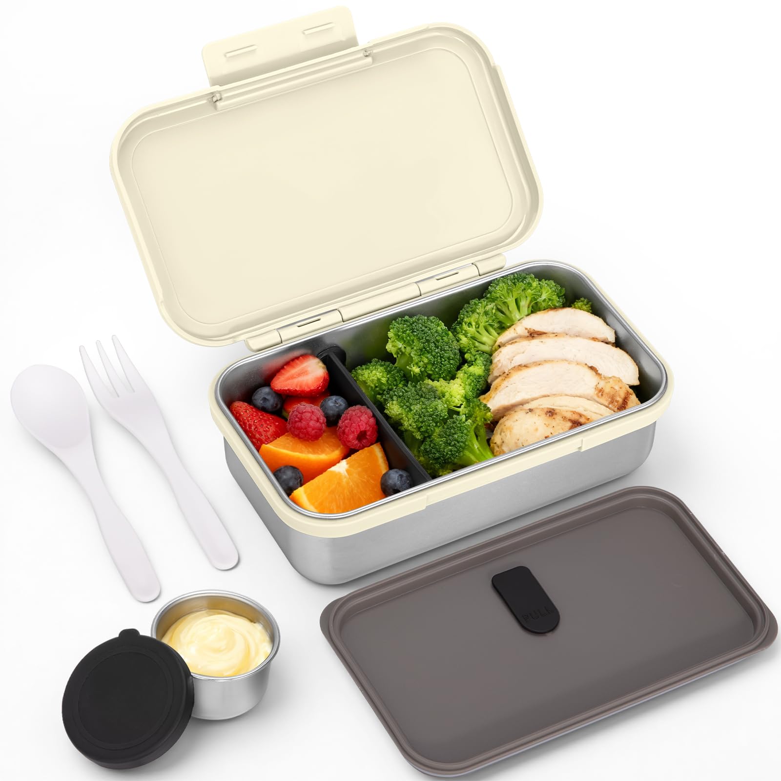 JSLOVE Stainless Steel Lunch Bento Box for Adult, 30oz Leak-Proof Lunch Container, Stainless Metal Kid Bento Box with Adjustable Divider, Sauce Container, Microwave, Dishwasher &amp; Freezer Safe(Beige)