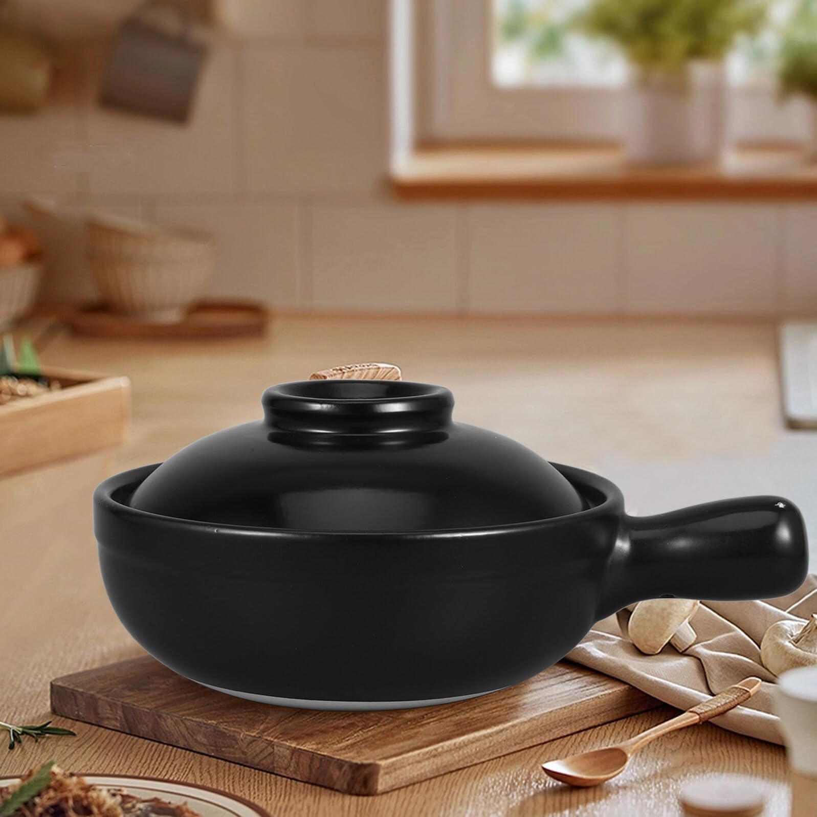 Olla de Barro Tradicional China de 900ml con Tapa, Cerámica | Negra, para Arroz y Gachas, Uso en Cocina y Microondas, Estilo Clásico