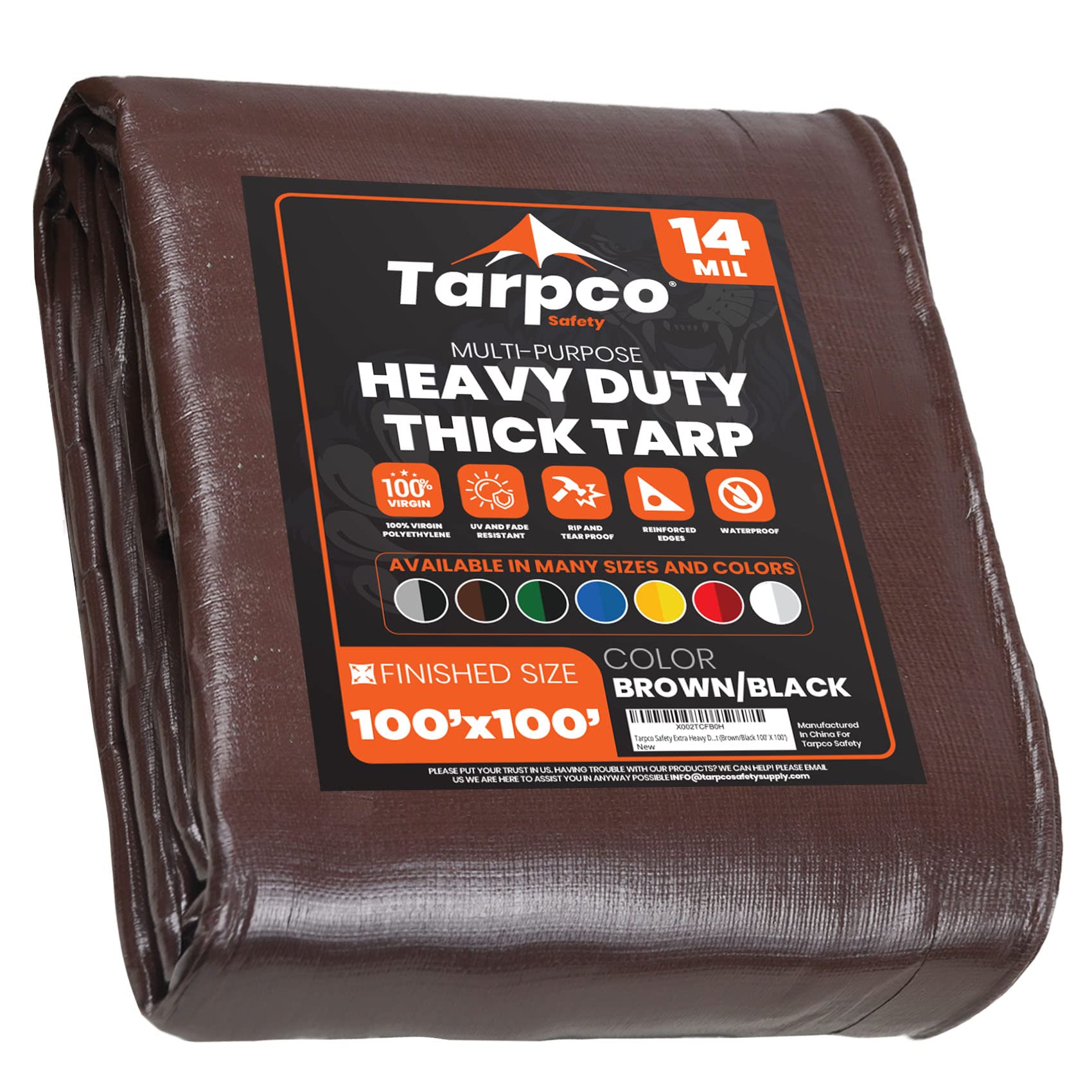Extra Heavy Duty 14 Mil Tarp Cover, Waterproof, UV Resistant, Rip and Tear Proof, Poly Tarpaulin with Reinforced Edges for Roof, Camping, Patio, Pool, Boat (Brown/Black 100′ X 100′)