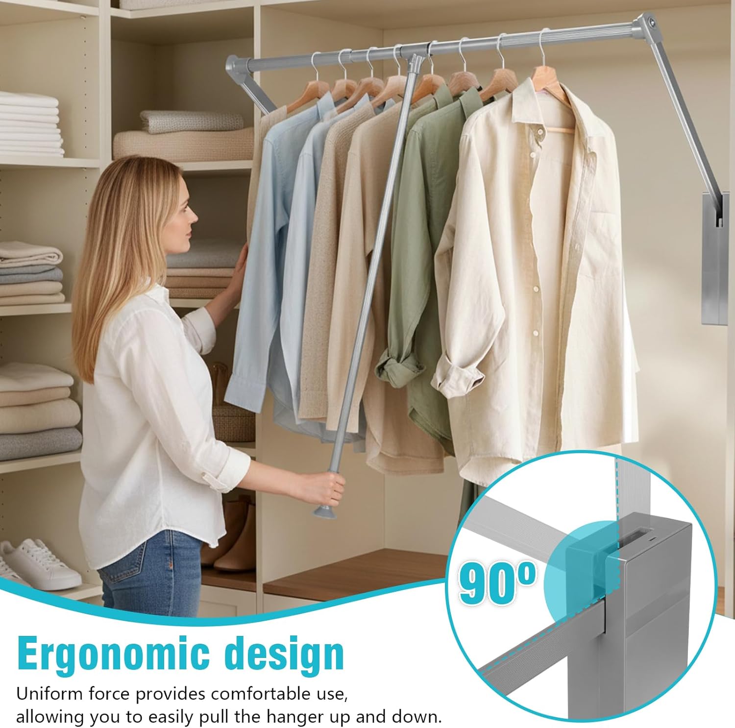 Pull Down Closet Rod 2 Pack for Kitchen Bedroom High Cabinets, 60 lbs Load Capacity Aluminum Alloy Soft-Close Wardrobe Lift Rail Organizer, Adjustable Width 35"-47" Pull Down Closet Rod-Gray