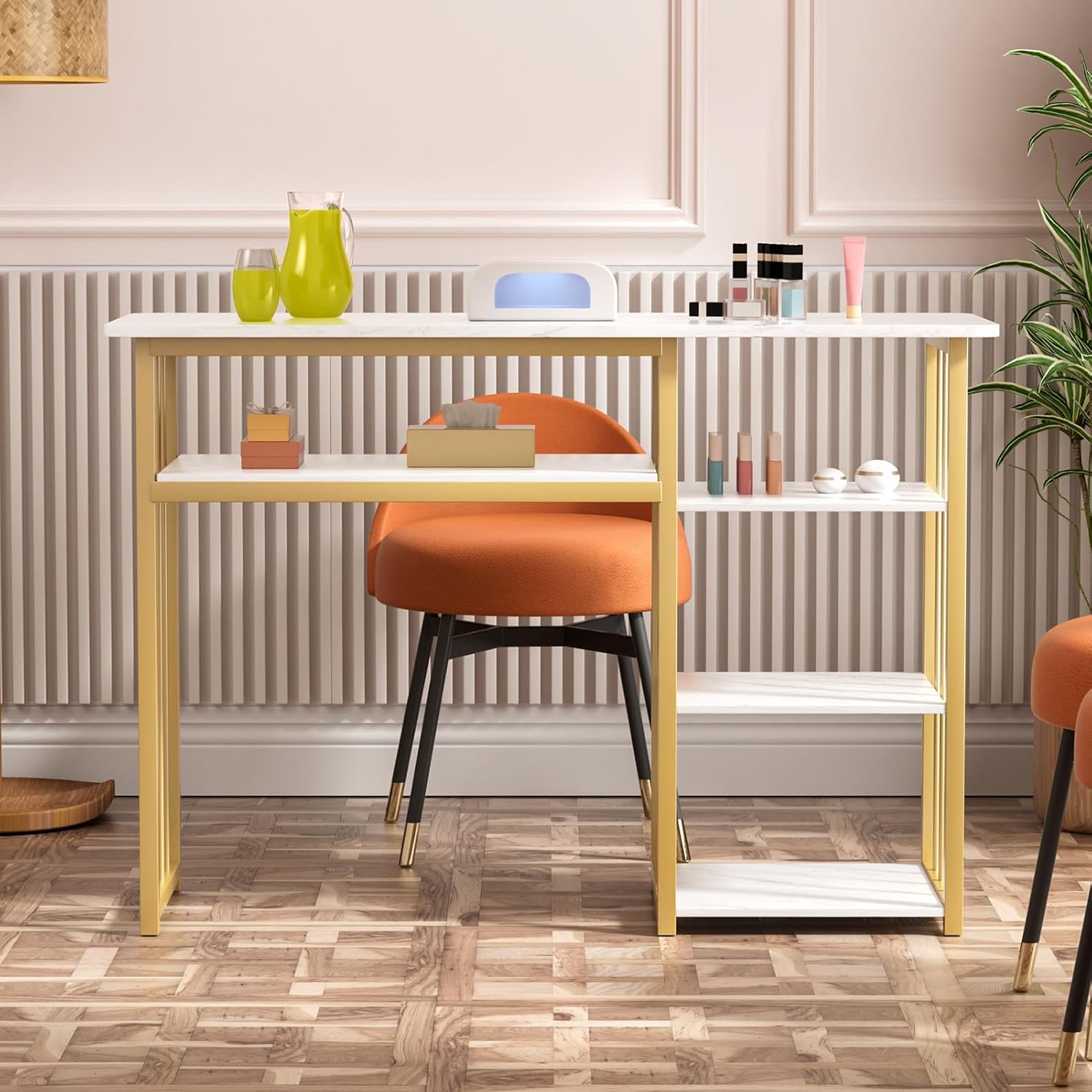 Nail Tech Desk, Manicure Table Nail Station, Marbling Texture Manicure Desk with Multi Open Shelves for Beauty Salon Spa White