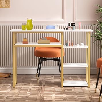 Nail Tech Desk, Manicure Table Nail Station, Marbling Texture Manicure Desk with Multi Open Shelves for Beauty Salon Spa White