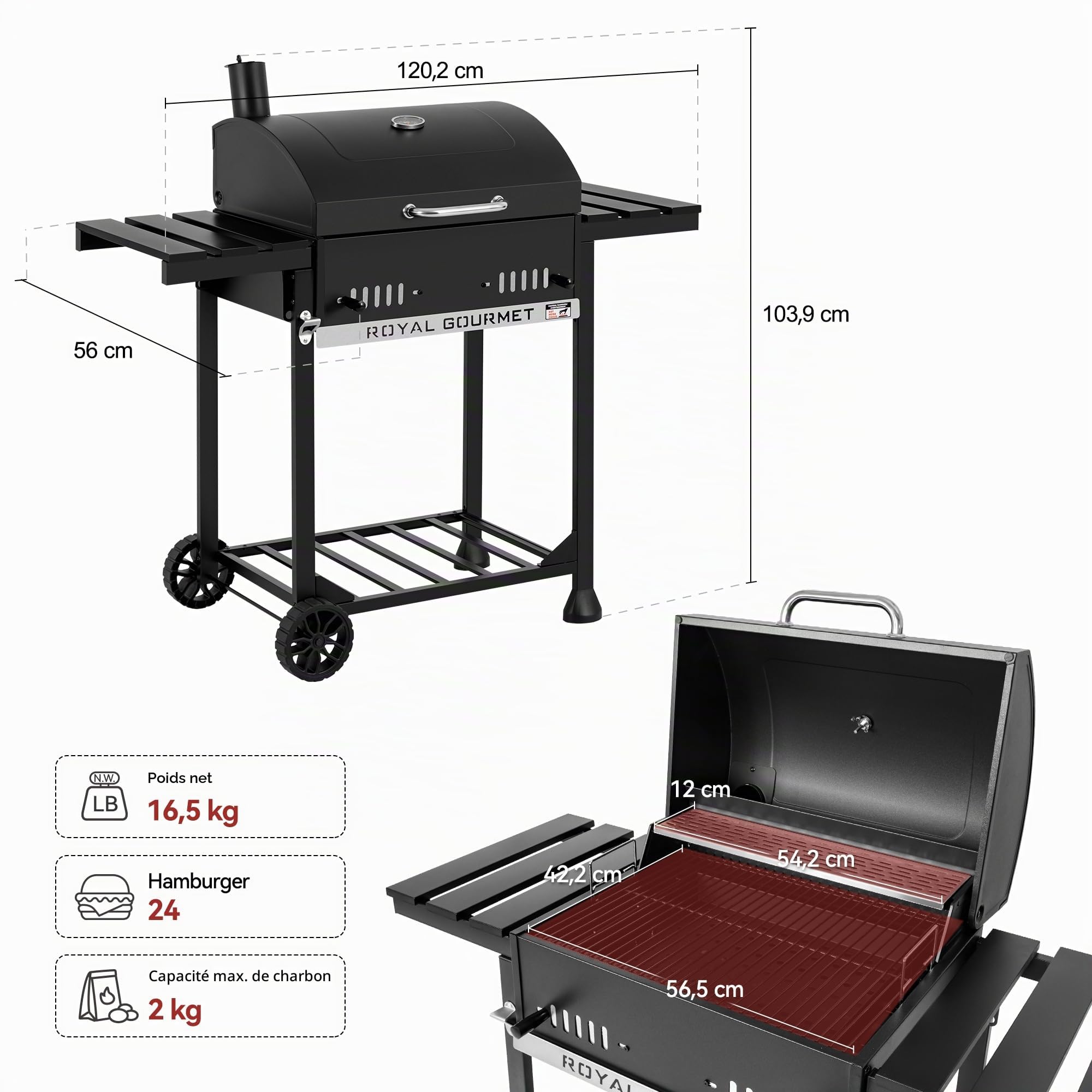 Royal Gourmet Barbecue au charbon de bois avec étagères latérales rabattables, fumoir sur pied avec décekl, thermomètre, barbecue à charbon noir