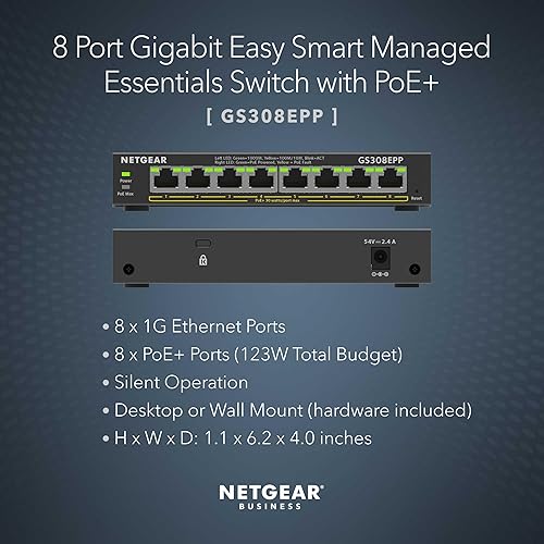 Miniatura 2 de NETGEAR 8 Puertos PoE Gigabit Ethernet Easy Smart Managed Essentials Switch (GS308EPP) - con 8 x PoE+  123W, para Escritorio o Montaje en Pared