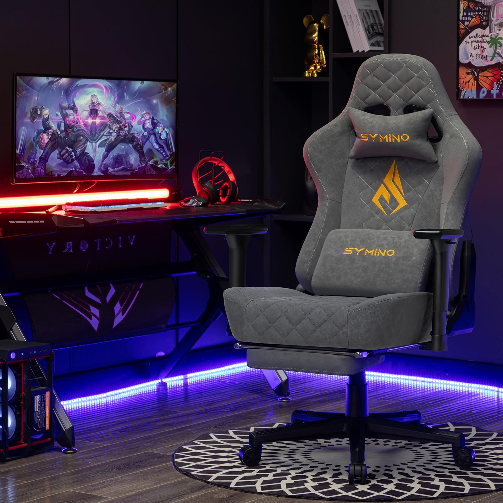 Symino Chaise Gamer Ergonomique - Fauteuil de Bureau avec Repose-Pieds Télescopique, Support Lombaire et Hauteur Réglable - 200kg (Simili Cuir Grey)