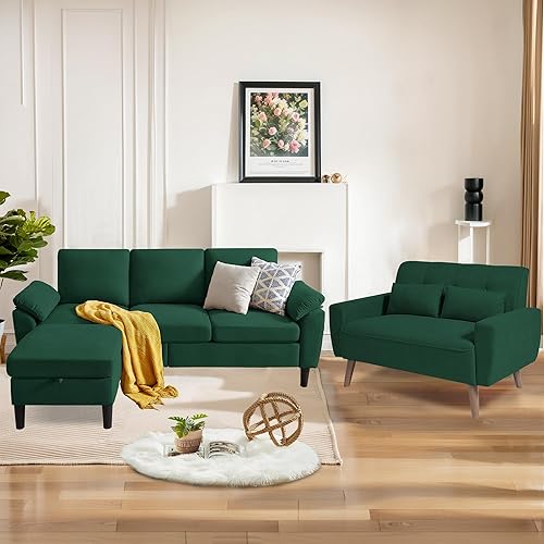 Miniatura 23 de Juego de sofá modular de 2 piezas para sala de estar, sofá convertible moderno de lino en forma de L de 79 pulgadas con otomana móvil y silla Gris