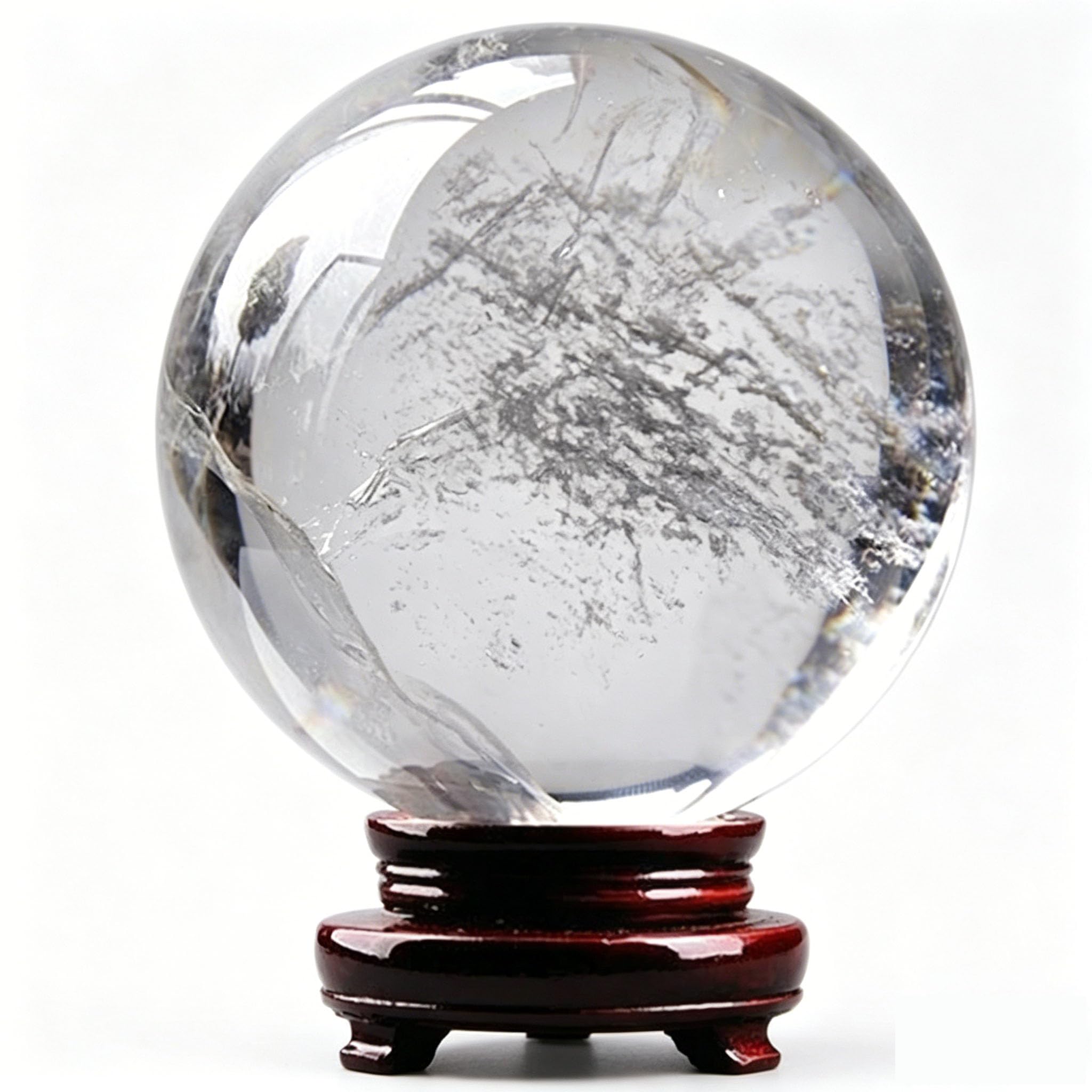 Boule de cristal en quartz clair authentique, pierre polie d'exception et socle en bois brut