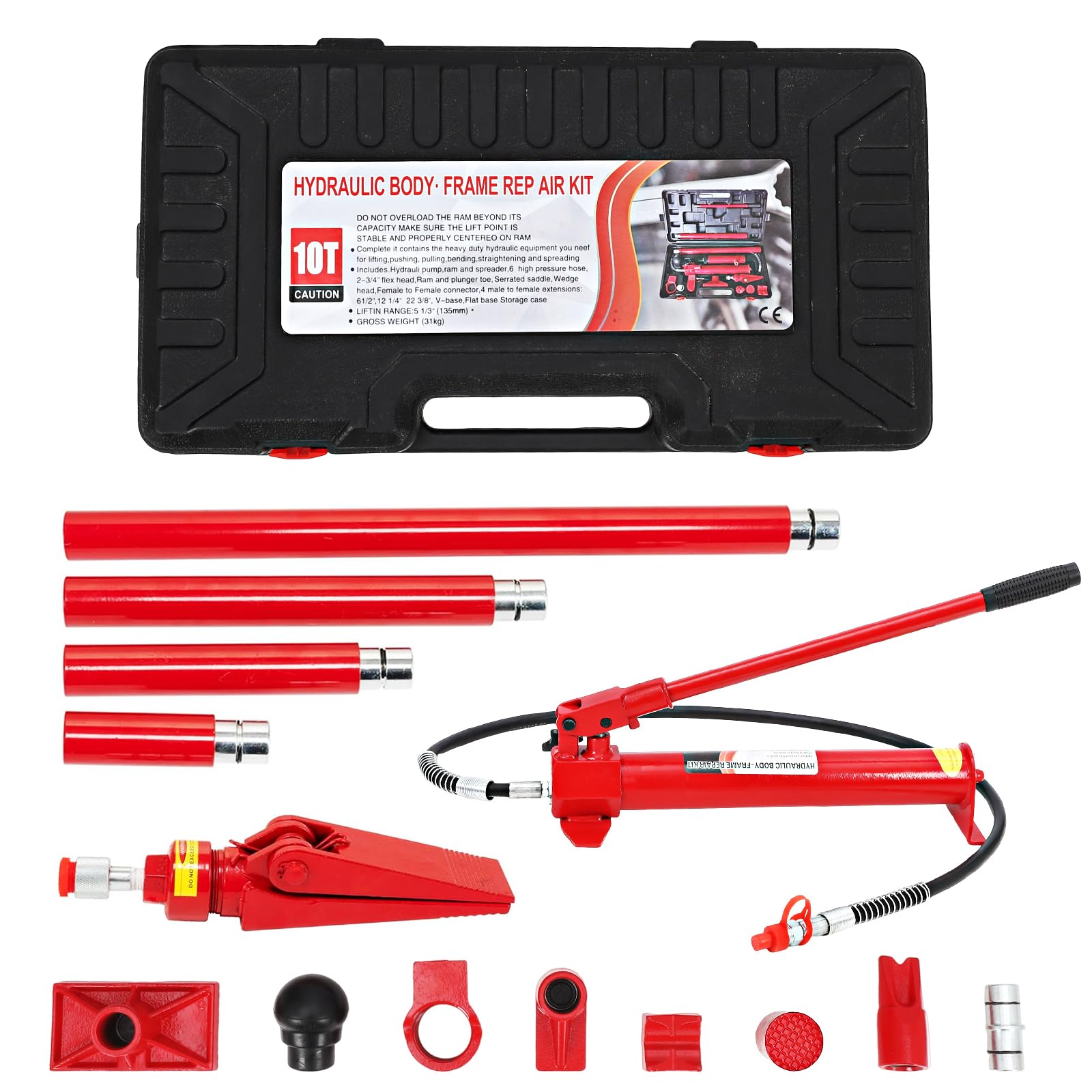 Kit Porta Power Idraulico Professionale - Per Officina, Carrozzeria e Garage Veicoli - Martinetto 10 Tonnellate, Tubo Olio 1,4m, Ram 10T, Attrezzatura Pesante e Riparazione Telaio Auto -