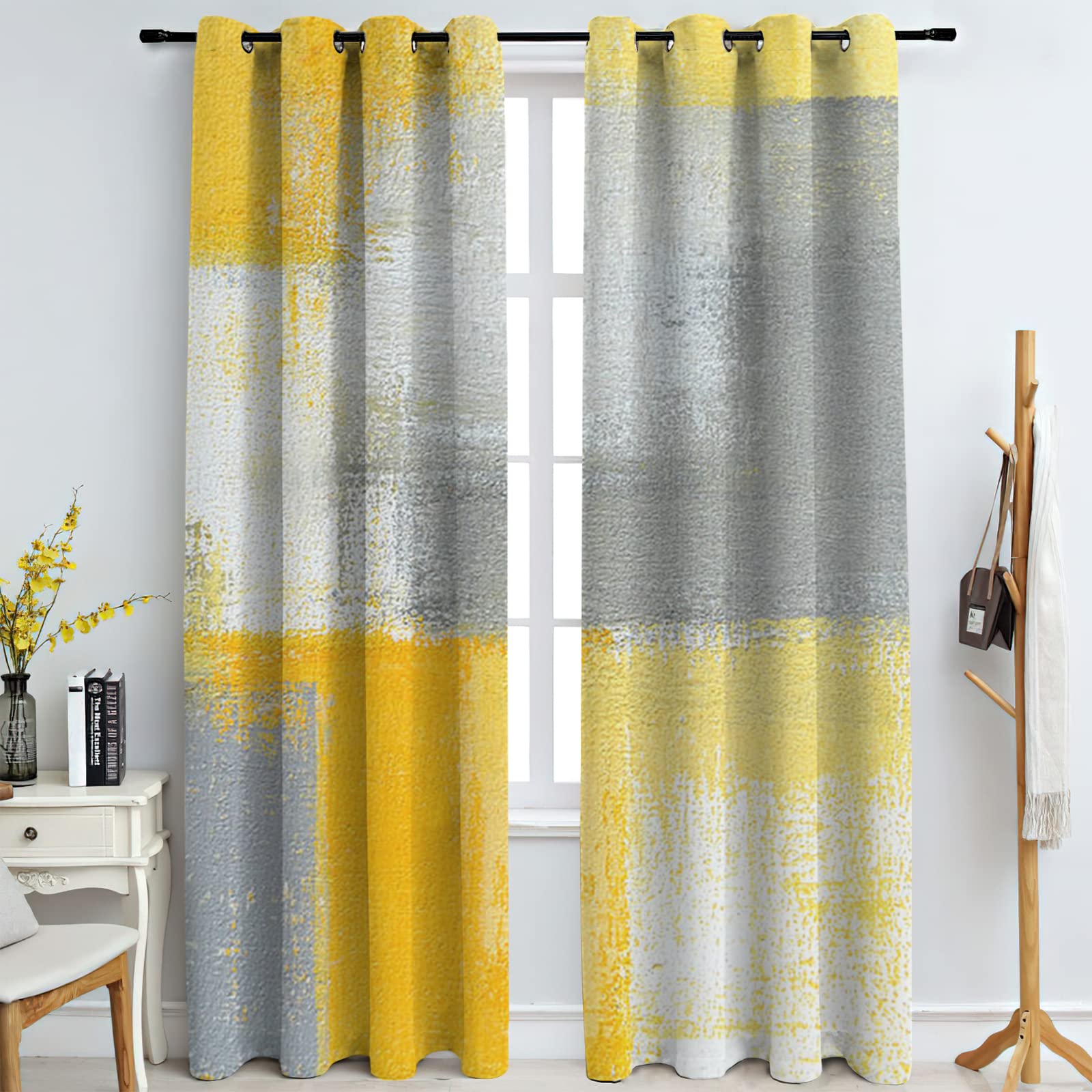 PCBROSYellow Gray Mosaic Blackout Curtains, Modern Style 3D Printing Grommet Curtains Heat Insulation, Energy Saving and Noise Reduction, Suitable for Bedroom Living Room Apartment-52 H x 84" W