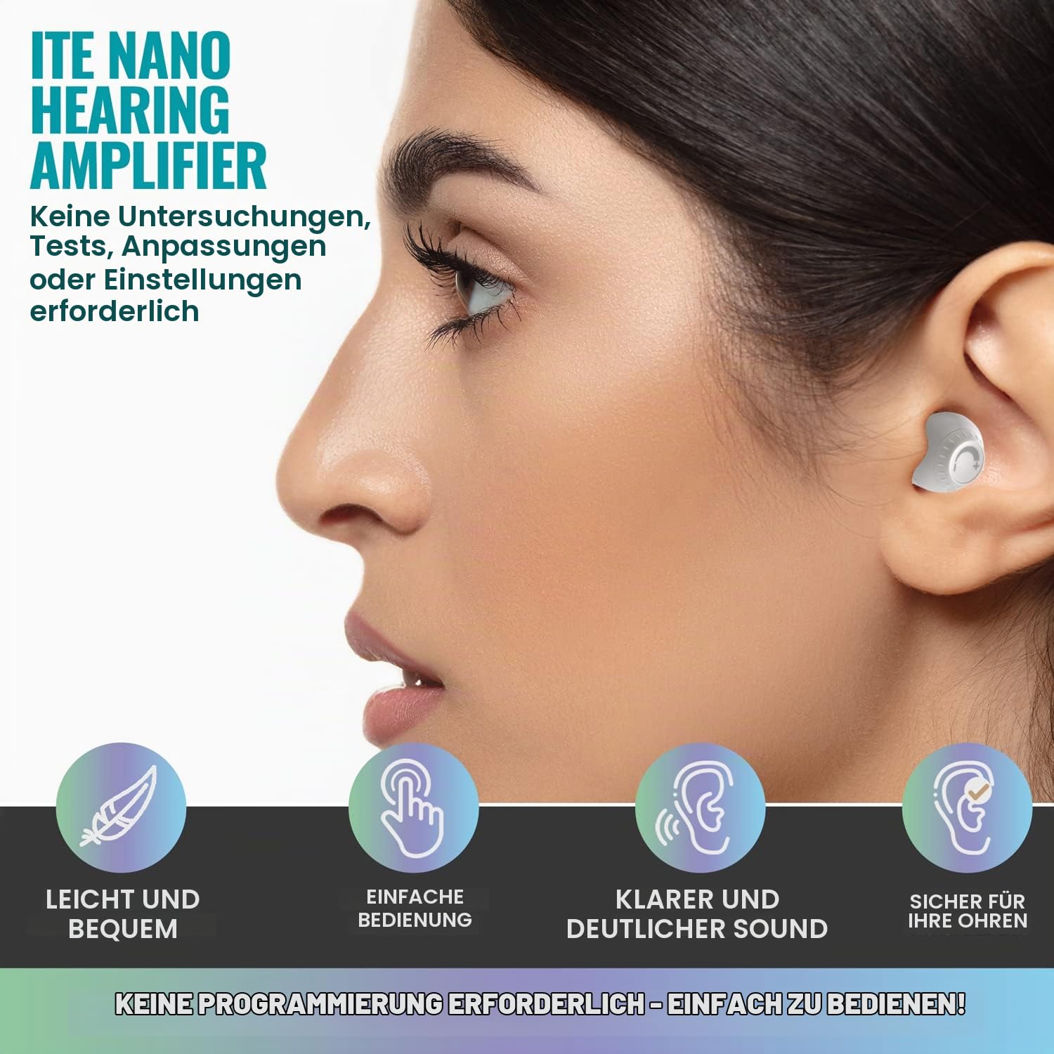 Mini Digital – ITE wiederaufladbar – leichtes Gerät mit Geräuschunterdrückung, In-Ear-Erkennung und Lautstärkeregler für Erwachsene und Senioren, Weiß