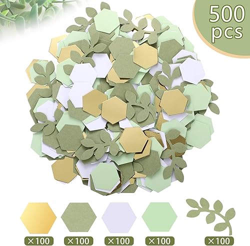 Miniatura 2 de Crtiin 500 piezas de confeti de eucalipto dorado verde para baby shower, confeti hexágono, dispersión bohemia, decoración de mesa para boda, fiesta