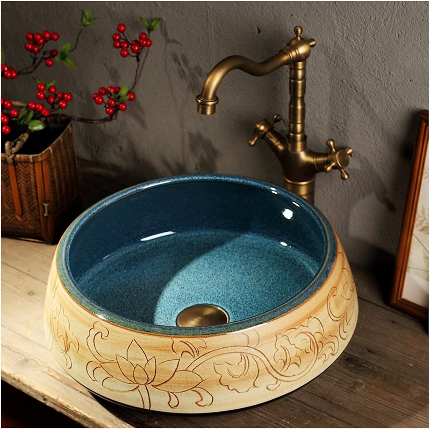 Ceramiczna Umywalka Łazienkowa, Ceramiczna Umywalka Nablatowa, Okrągła, Grawerowana Umywalka Łazienkowa, Artystyczna Umywalka Nablatowa 41 * 41 * 15 Cm, Minimalistyczna Umywal,Green Singlebasin