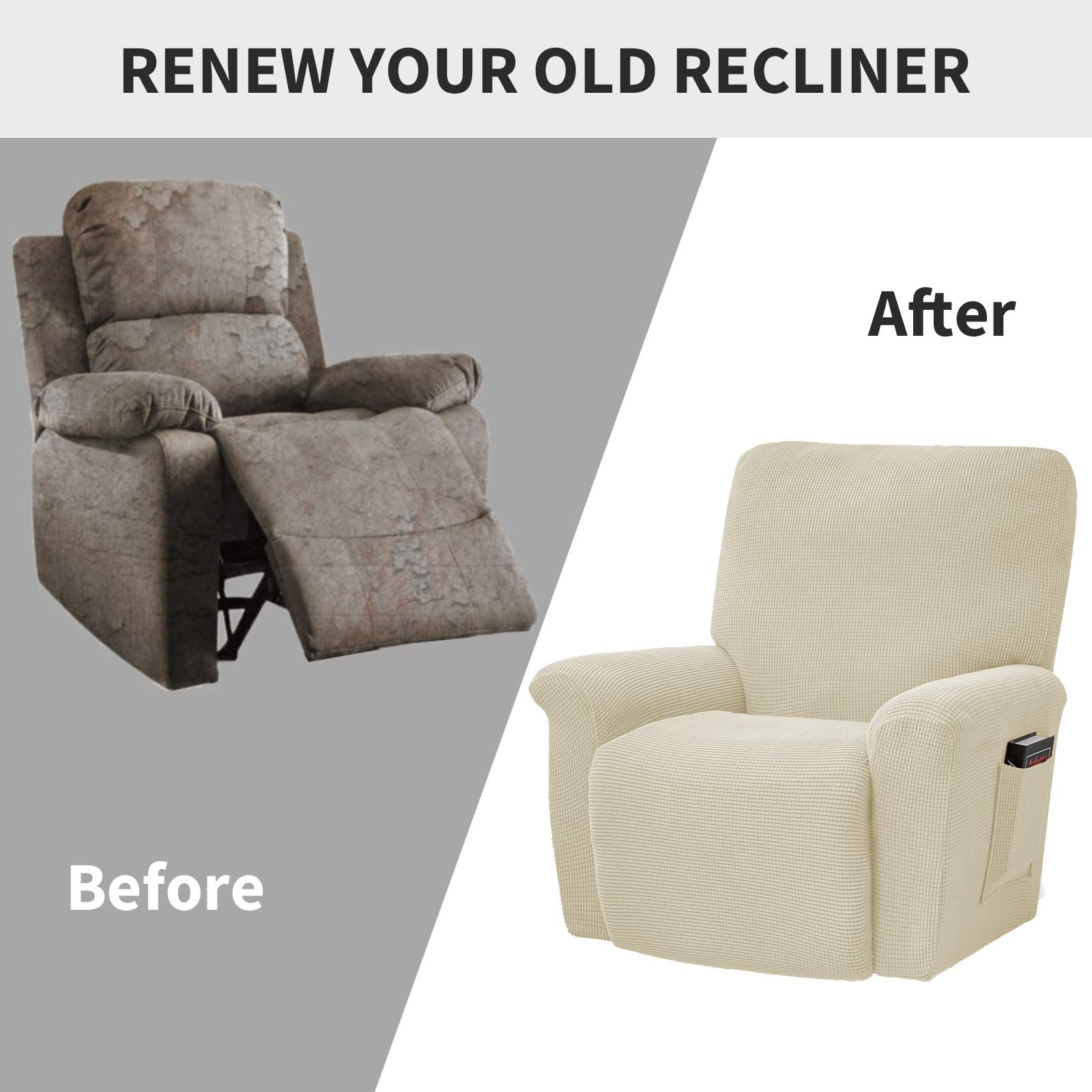 ele ELEOPTION Recliner pokrowiec na sofę, rozciągliwy pokrowiec na fotel wypoczynkowy, spandex, żakard, 4-częściowy pokrowiec na fotel relaksacyjny, pokrowiec na fotel relaksacyjny, fotel do masażu (beżowy)