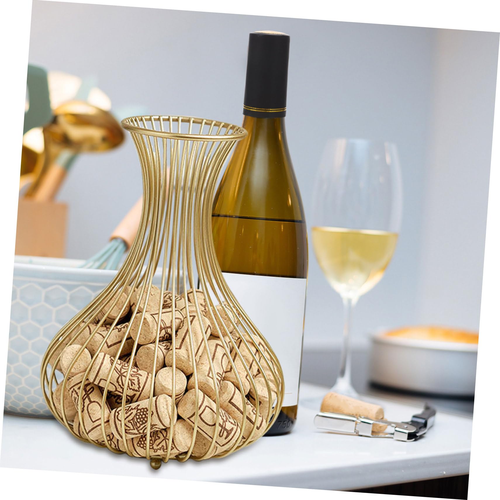 Cesto Porta Tappi in Acciaio al Carbonio Oro di Sughero per Vino Resistente e Moderno per Decorazione Ufficio e Feste del Vino