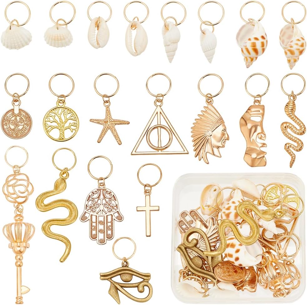 PLIGREAT 24 Pcs Dreadlock Decor Braids Hair Jewelry Set Seashell Conch Dreadlock Rings Charms DIY Locs Hair Accessories Vintage Hair Clips Pendant for Women Men Hair Braids Ponytail Hair Decor