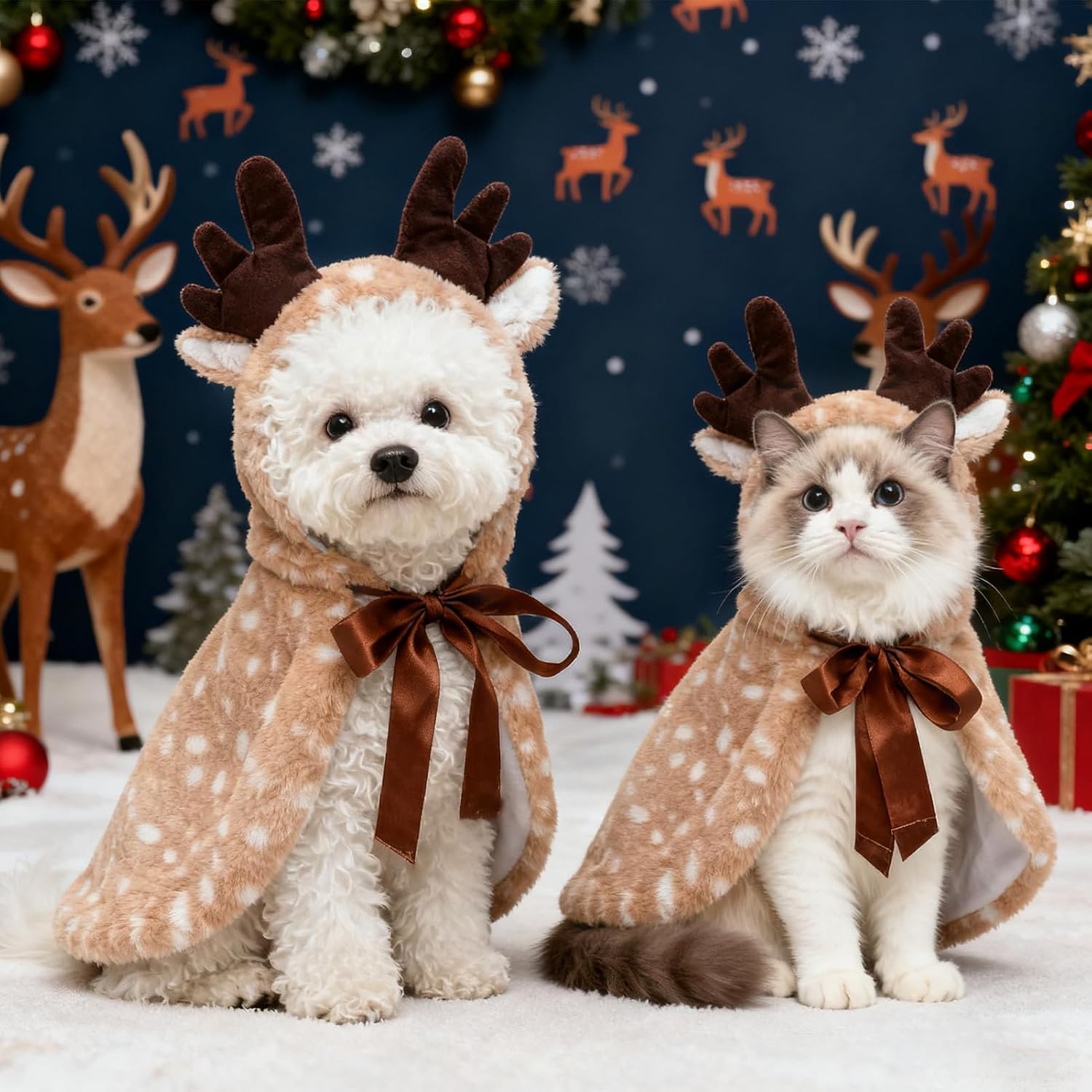 BEAUTYZOO 2 Pack Reindeer Dog Christmas Costume with Santa Hat for Small Dogs Cats, Fluffy Xmas Outfit, Cute Pet Christmas Elk Clothes, Puppy Xmas Hoodie Cloak Cape, Cat Holiday Cosplay Dress