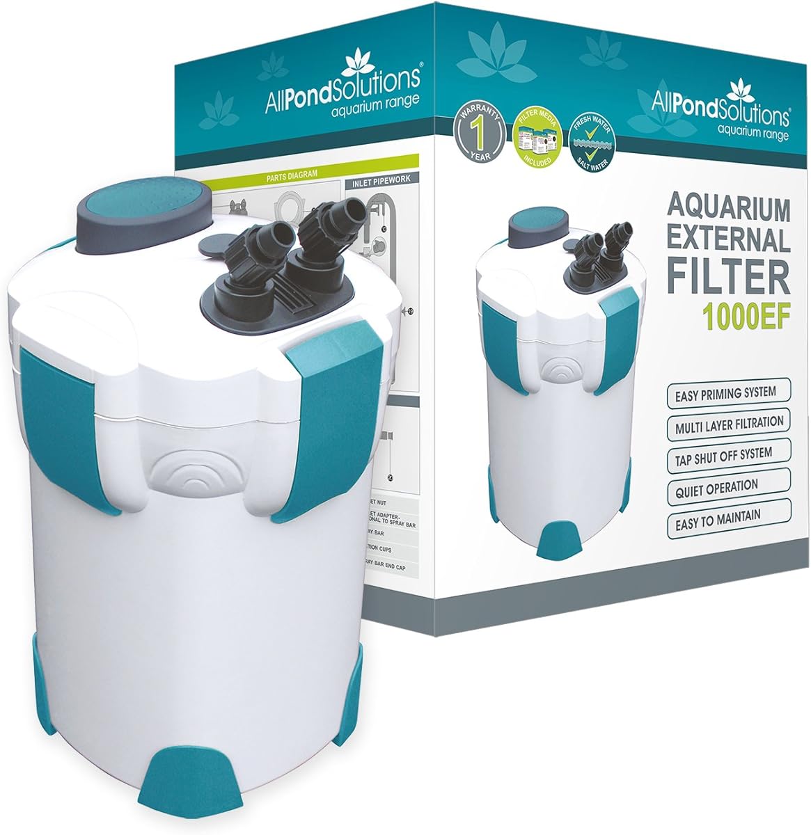 allpondsolutions 1000EF Aquarium External Fish Tank Water Filter for Coldwater, Tropical or Marine Aquariums, for Tanks Up to 400 Litres – Includes Filter Media, hose and Spray Bar - Full Kit.