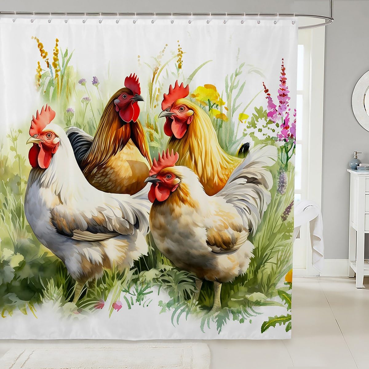 Rustic Chicken Shower Curtain for Kids Boys Girls,Watercolor Rooster Bathroom Curtain 72x72,Farmhouse Animal Bath Curtain,Botanical Flower Leaves