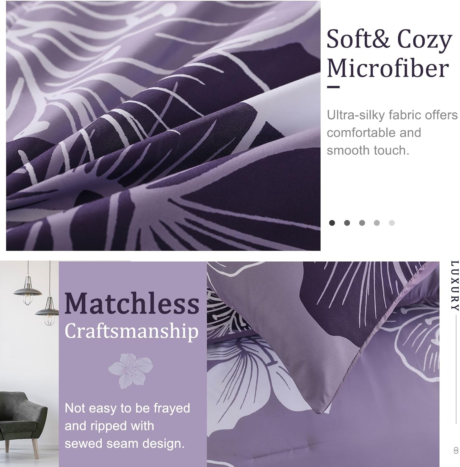 Menghomeus California King Comforter Set Dark Purple Floral Bedding Comforter Sets - Soft Microfiber Bed Set for All Season 3 Piece Botanical Flowers Comforter, Pillowcases