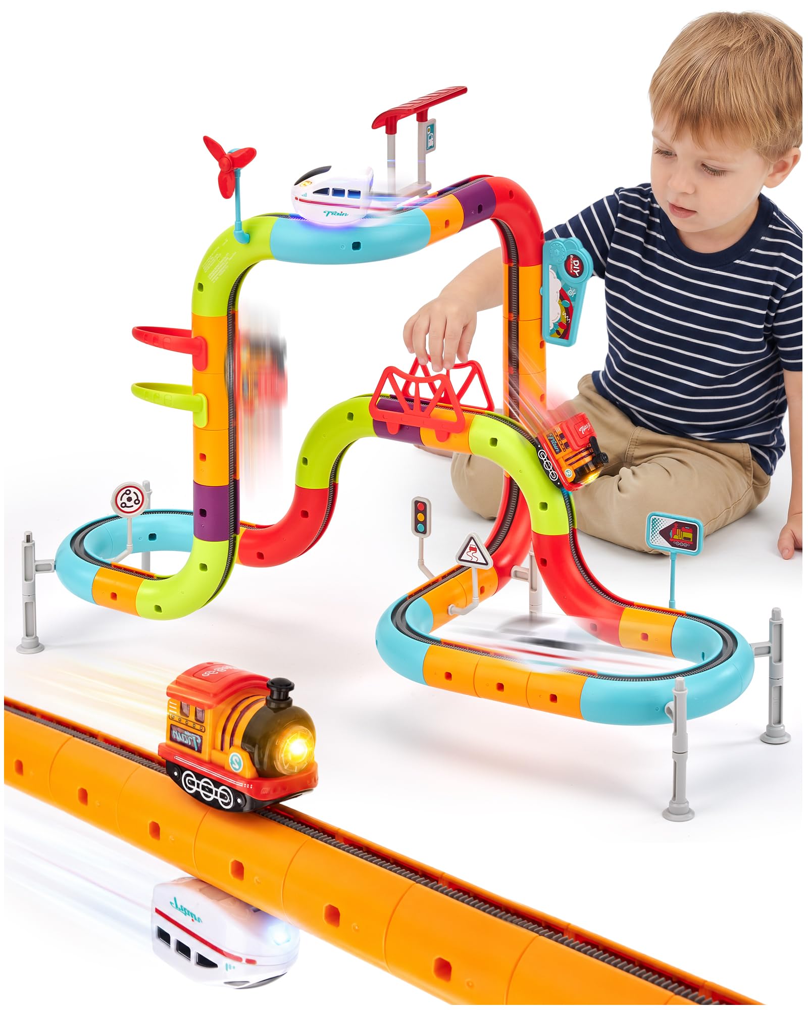 hahaland Eisenbahn Kinder Elektrisch, 59-TLG 2 Züge, Spielzeug ab 3 Jahre