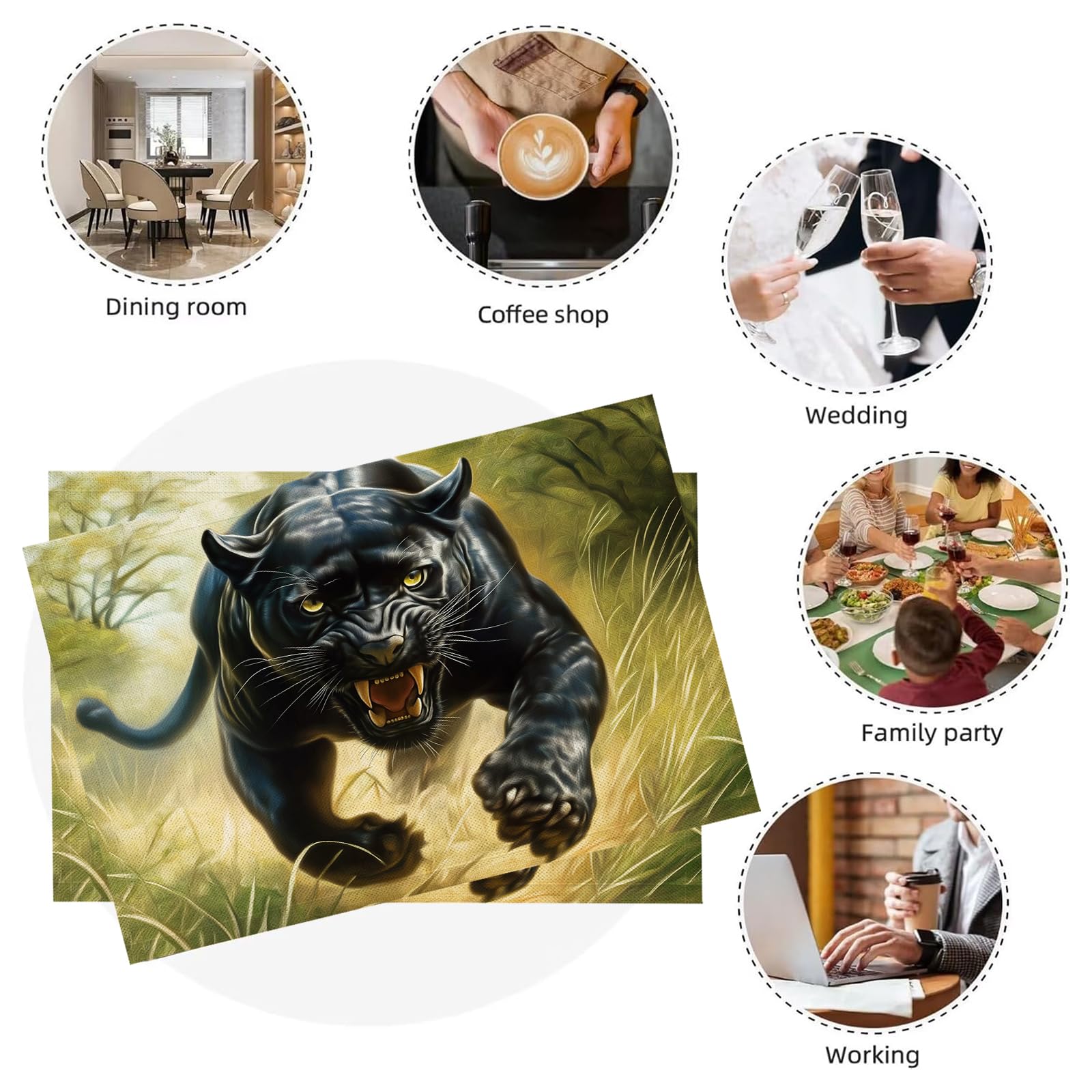 Tovaglietta Americana Animali retrò in Cotone Lino Rettangolare - Tovagliette Set di 8 Pantera nera nell'erba Resistente al Calore per La Cucina, Il L'Ufficio, 30 x 45cm